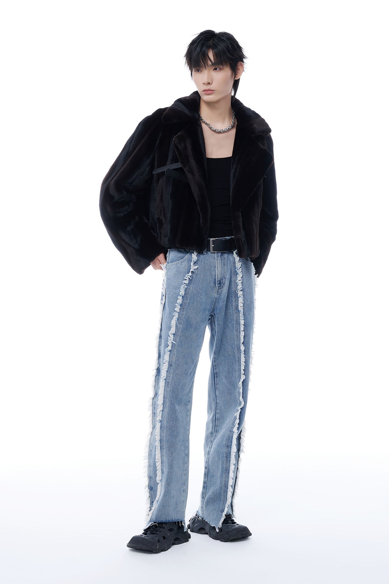 TUIMU Fringe-Trim Straight-Leg Washed Jeans, premium urban and streetwear designers apparel on PROJECTISR.com, TUIMU