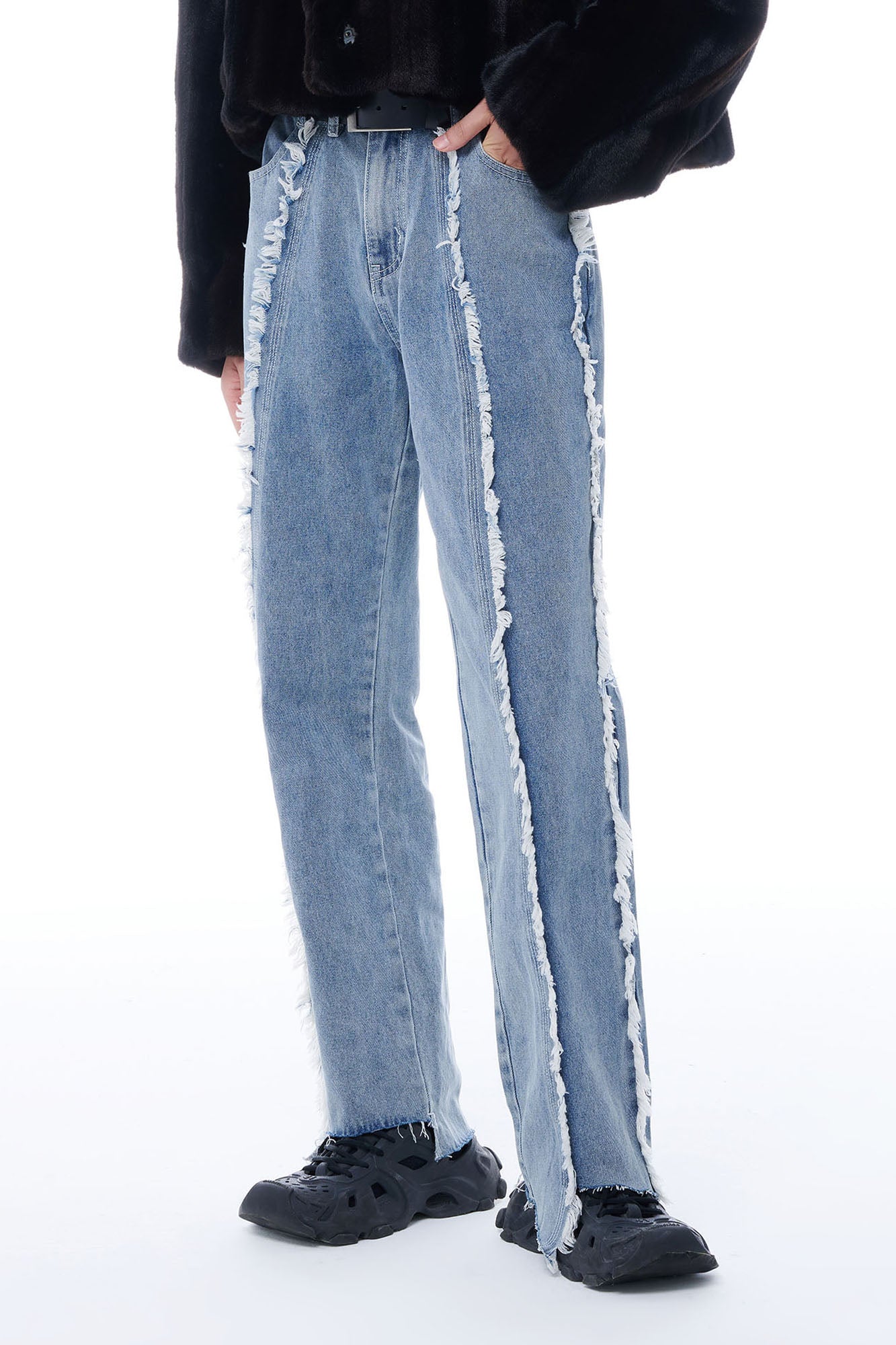 TUIMU Fringe-Trim Straight-Leg Washed Jeans, premium urban and streetwear designers apparel on PROJECTISR.com, TUIMU