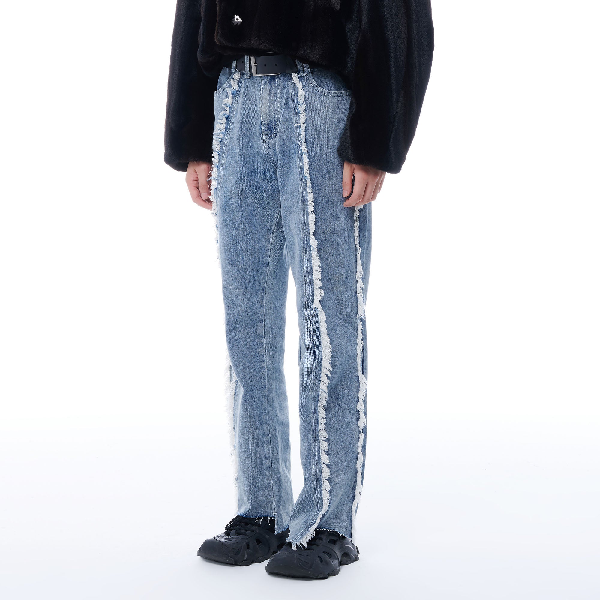 TUIMU Fringe-Trim Straight-Leg Washed Jeans, premium urban and streetwear designers apparel on PROJECTISR.com, TUIMU