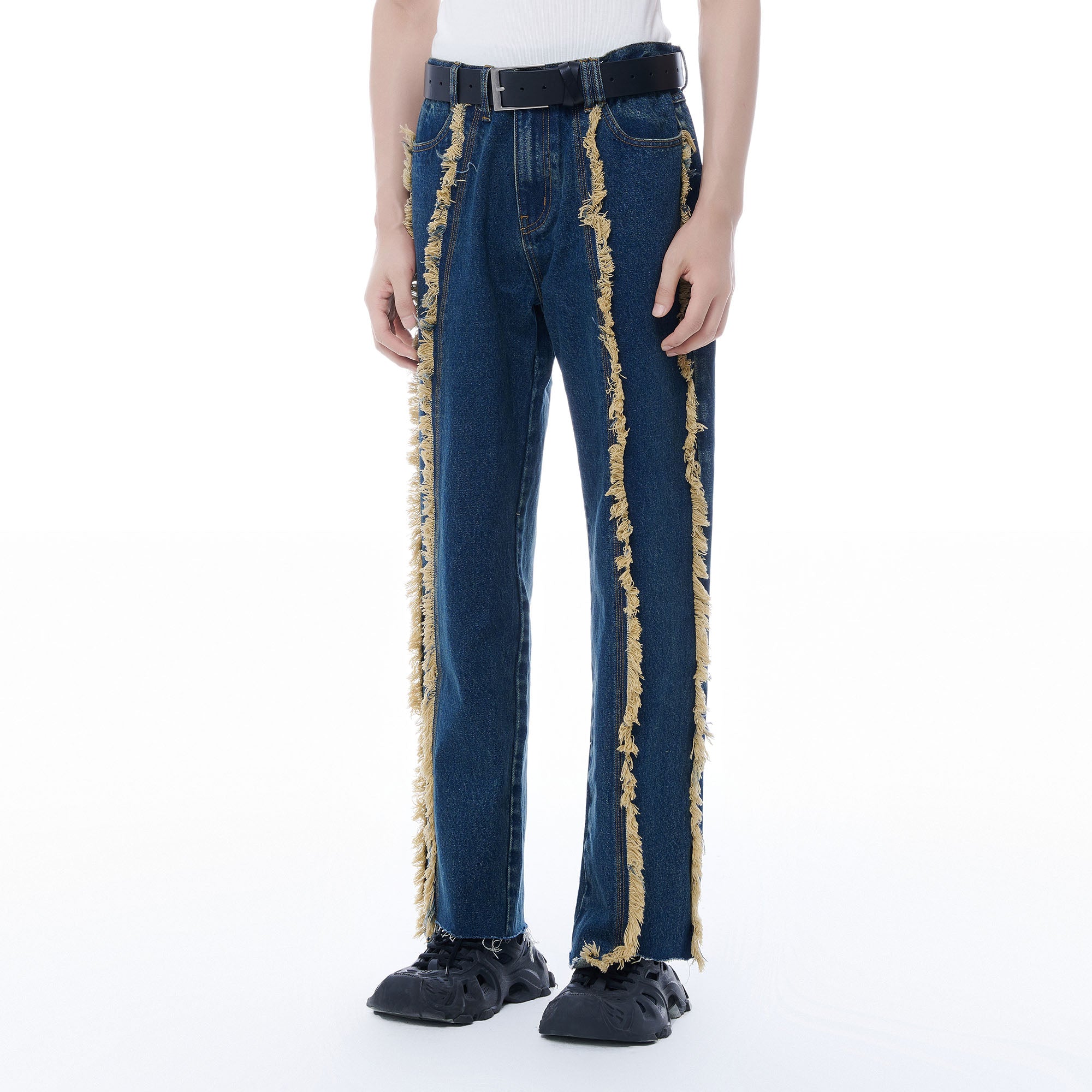 TUIMU Fringe-Trim Straight-Leg Washed Jeans, premium urban and streetwear designers apparel on PROJECTISR.com, TUIMU