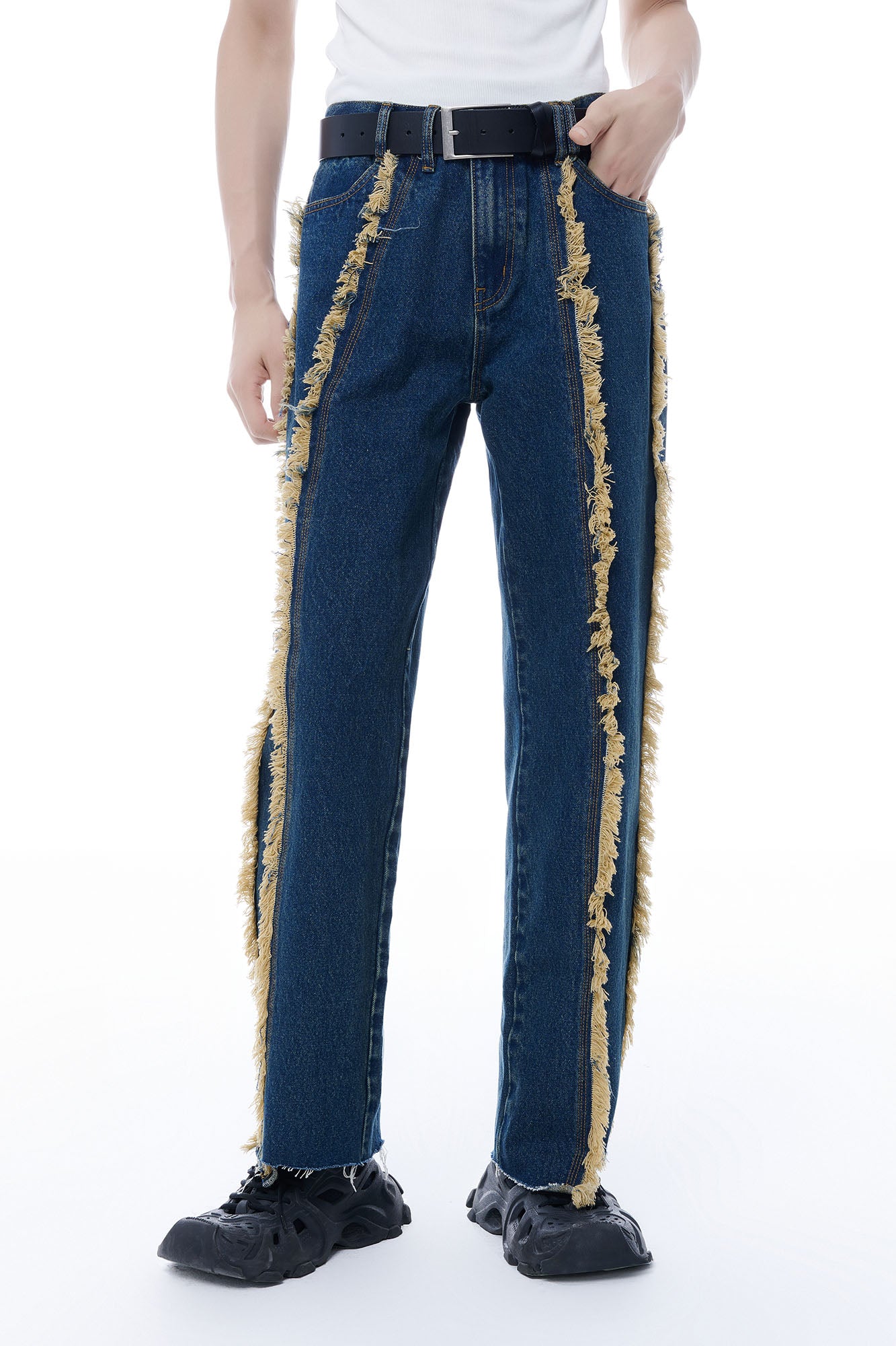 TUIMU Fringe-Trim Straight-Leg Washed Jeans, premium urban and streetwear designers apparel on PROJECTISR.com, TUIMU