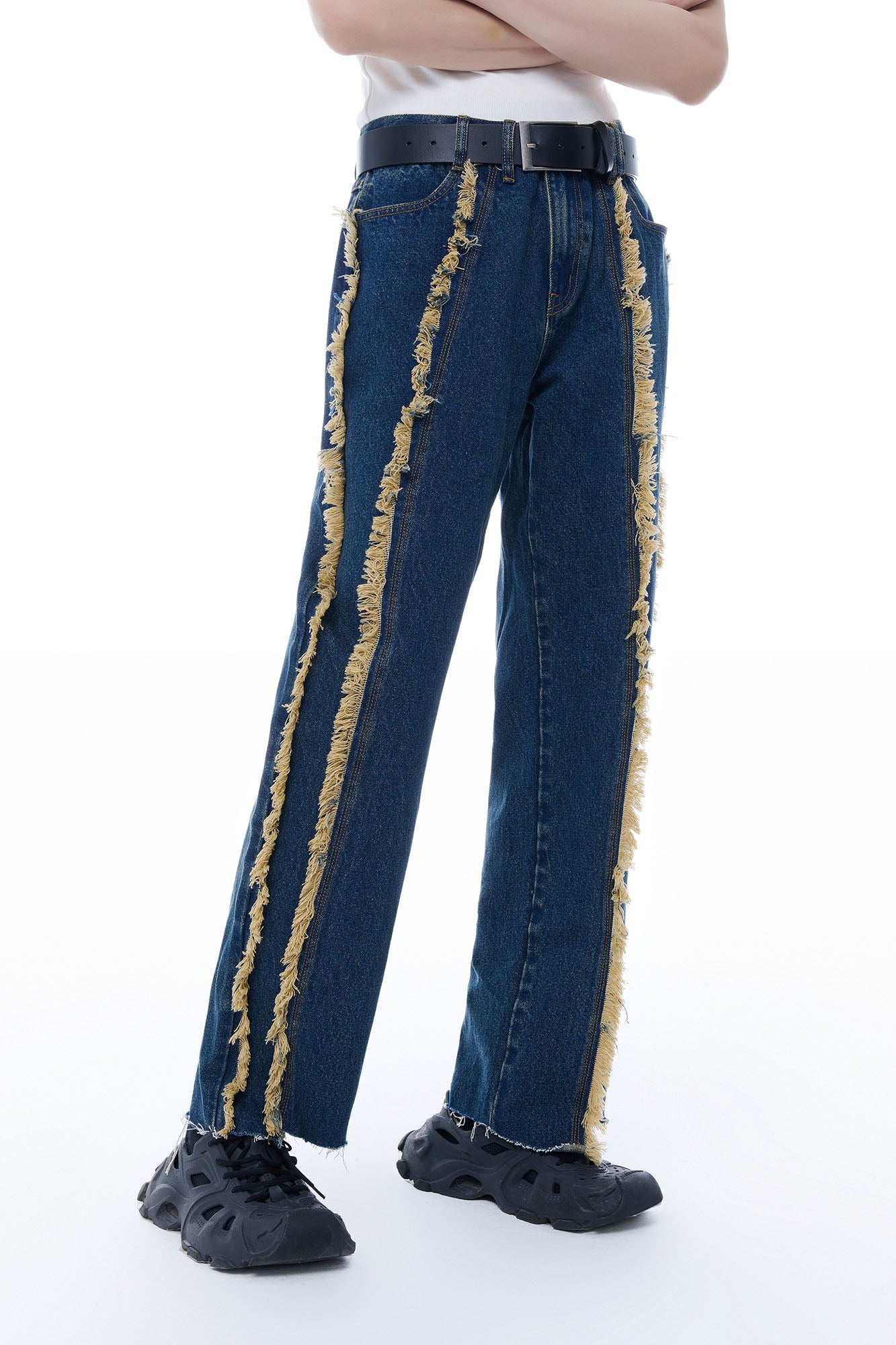 TUIMU Fringe-Trim Straight-Leg Washed Jeans, premium urban and streetwear designers apparel on PROJECTISR.com, TUIMU