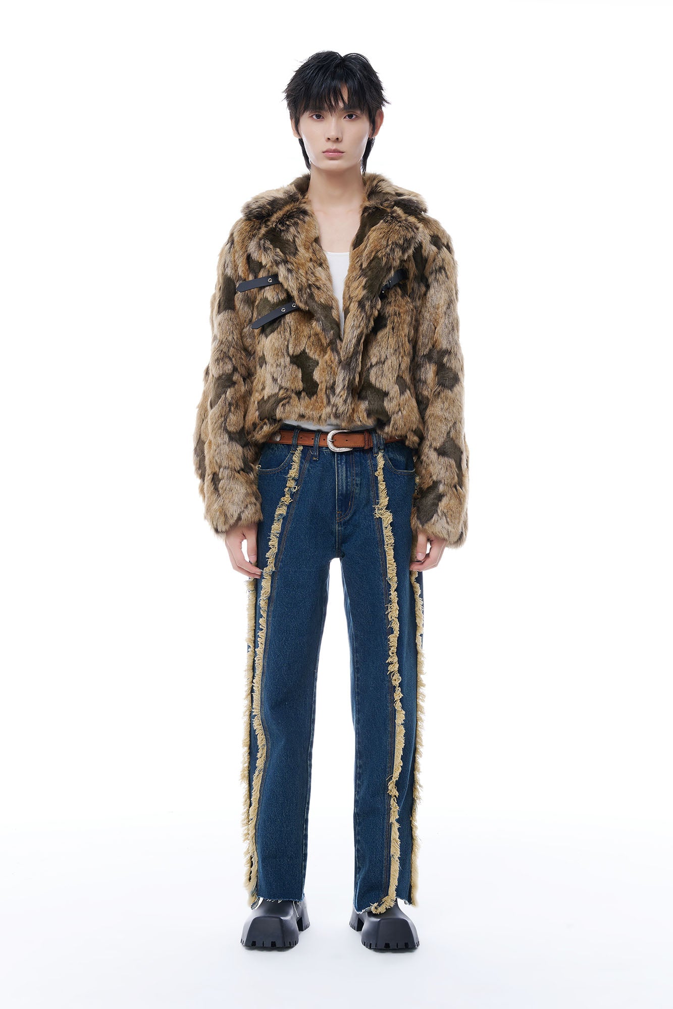 TUIMU Fringe-Trim Straight-Leg Washed Jeans, premium urban and streetwear designers apparel on PROJECTISR.com, TUIMU
