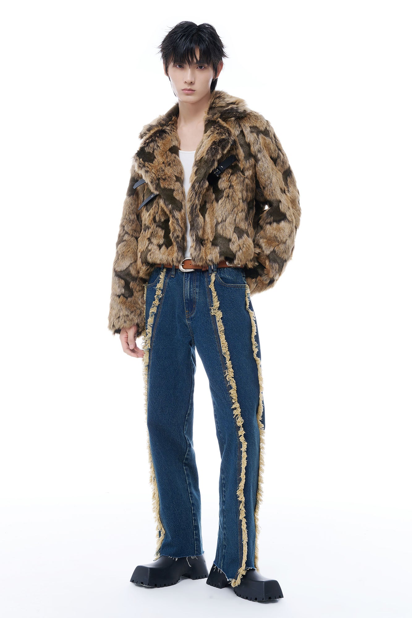 TUIMU Fringe-Trim Straight-Leg Washed Jeans, premium urban and streetwear designers apparel on PROJECTISR.com, TUIMU