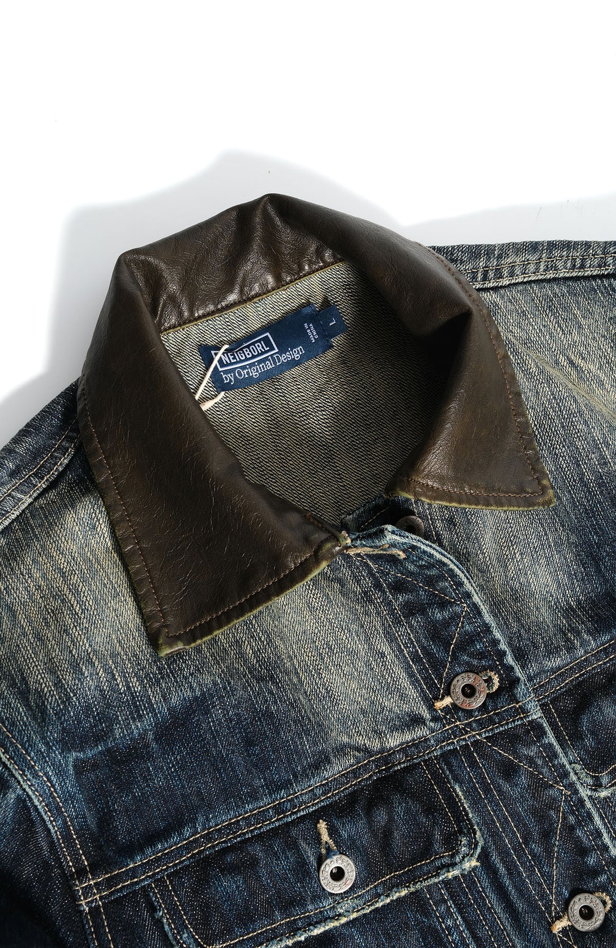 NEIGBORL Washed Faux Leather Collar Denim Jacket