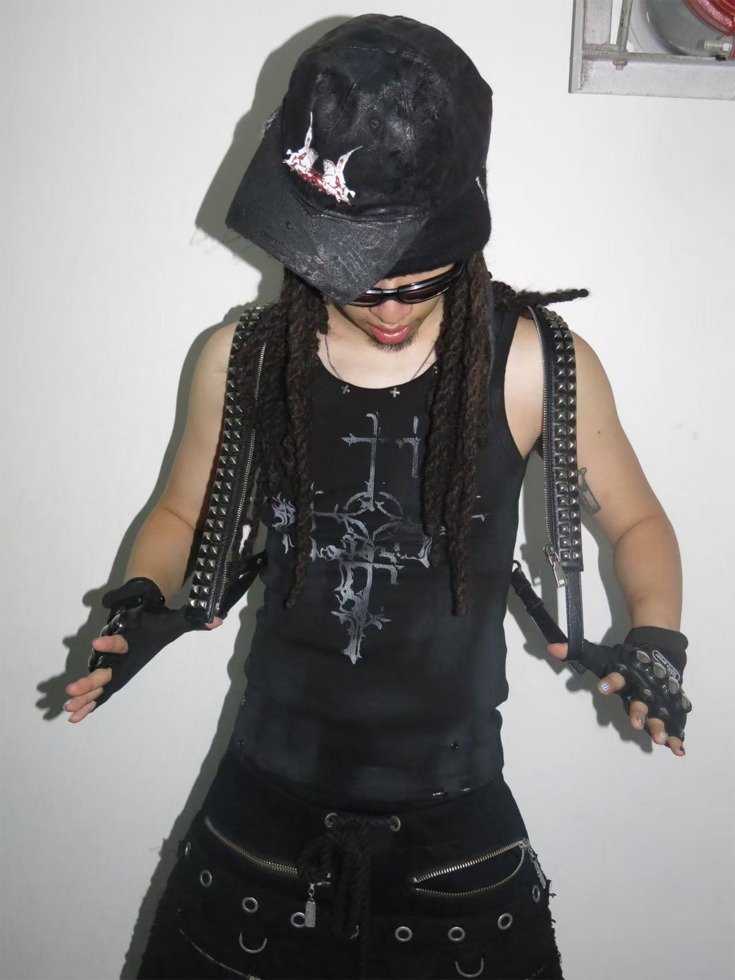 TH4SWE Retro Gothic Cross Graphic Studded Tank Top