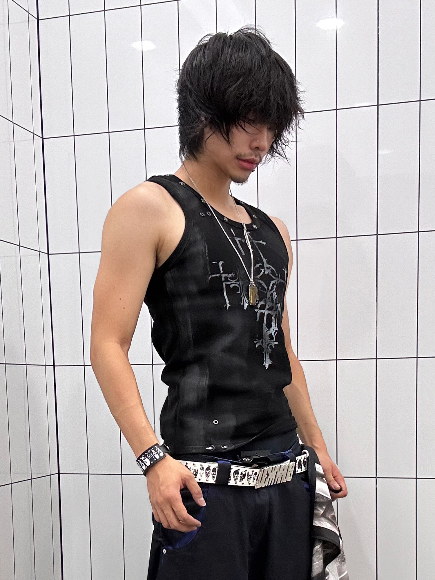 TH4SWE Retro Gothic Cross Graphic Studded Tank Top