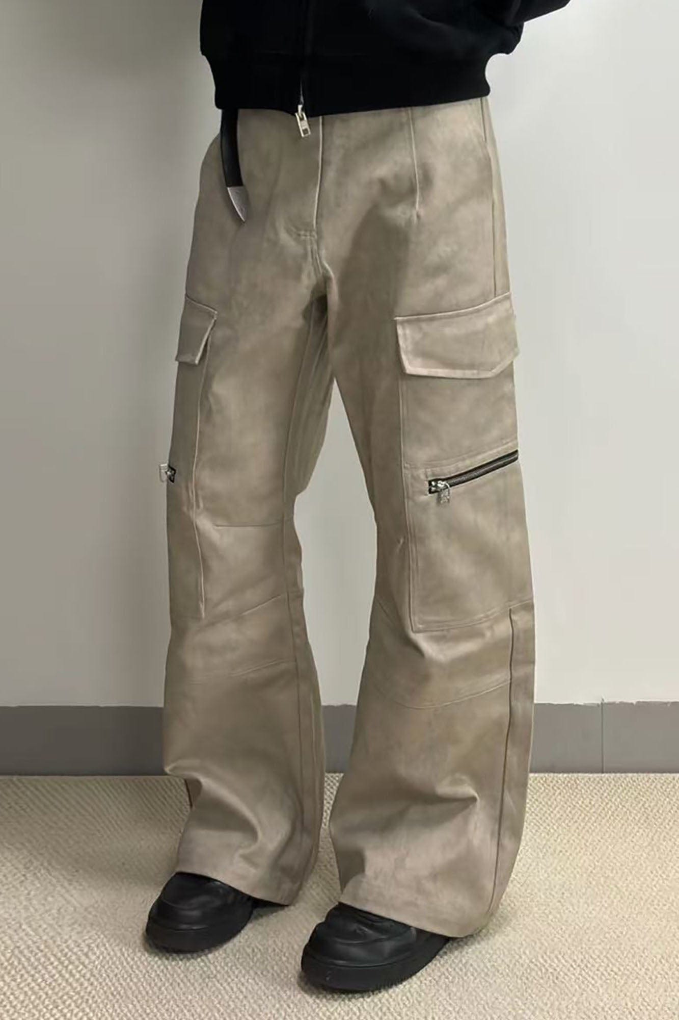 OKAYTHXBYE Muted Marble Multi-Pocket Panel Flared Cargo Pants, premium urban and streetwear designers apparel on PROJECTISR.com, OKAYTHXBYE