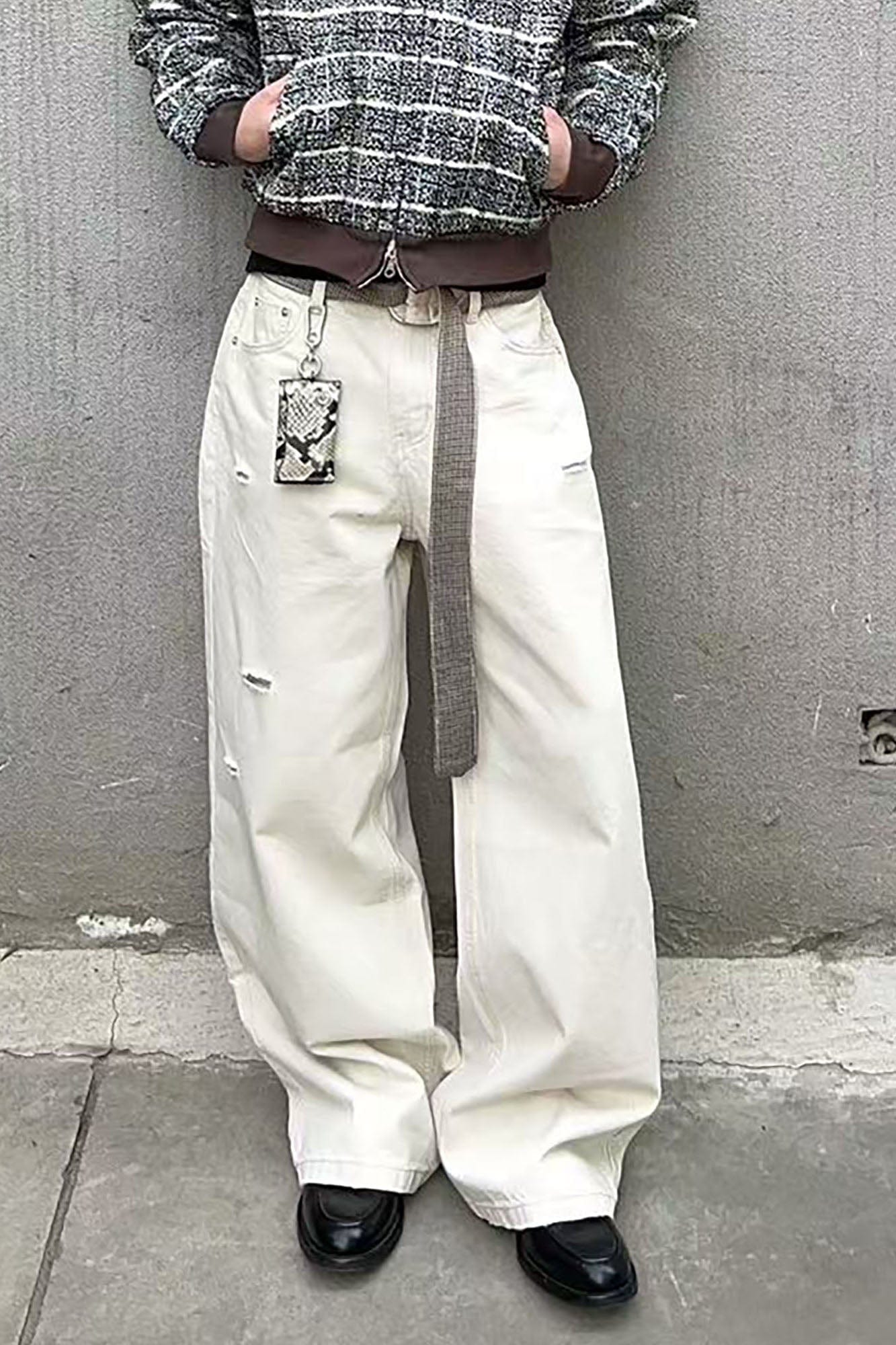 OKAYTHXBYE Detachable Houndstooth Belt Distressed Wide-Leg Jeans