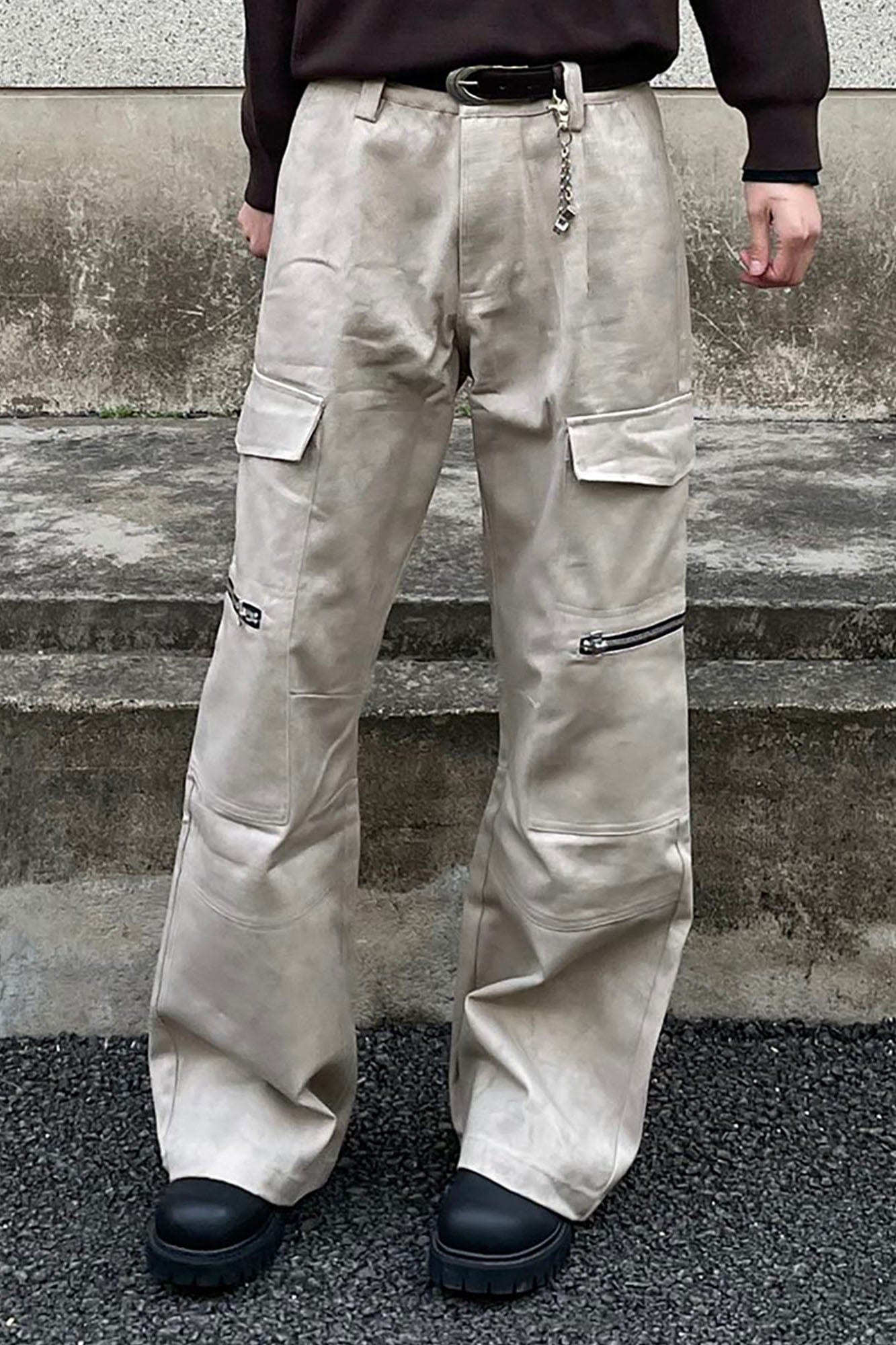 OKAYTHXBYE Muted Marble Multi-Pocket Panel Flared Cargo Pants, premium urban and streetwear designers apparel on PROJECTISR.com, OKAYTHXBYE