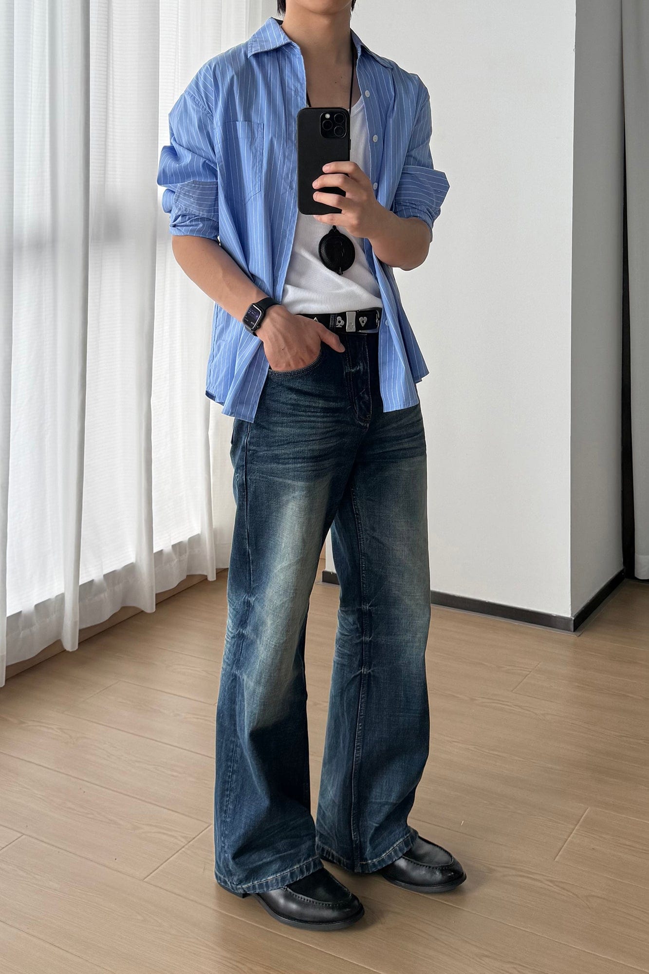 OKAYTHXBYE Wrinkled Washed Wide-Leg Jeans, premium urban and streetwear designers apparel on PROJECTISR.com, OKAYTHXBYE