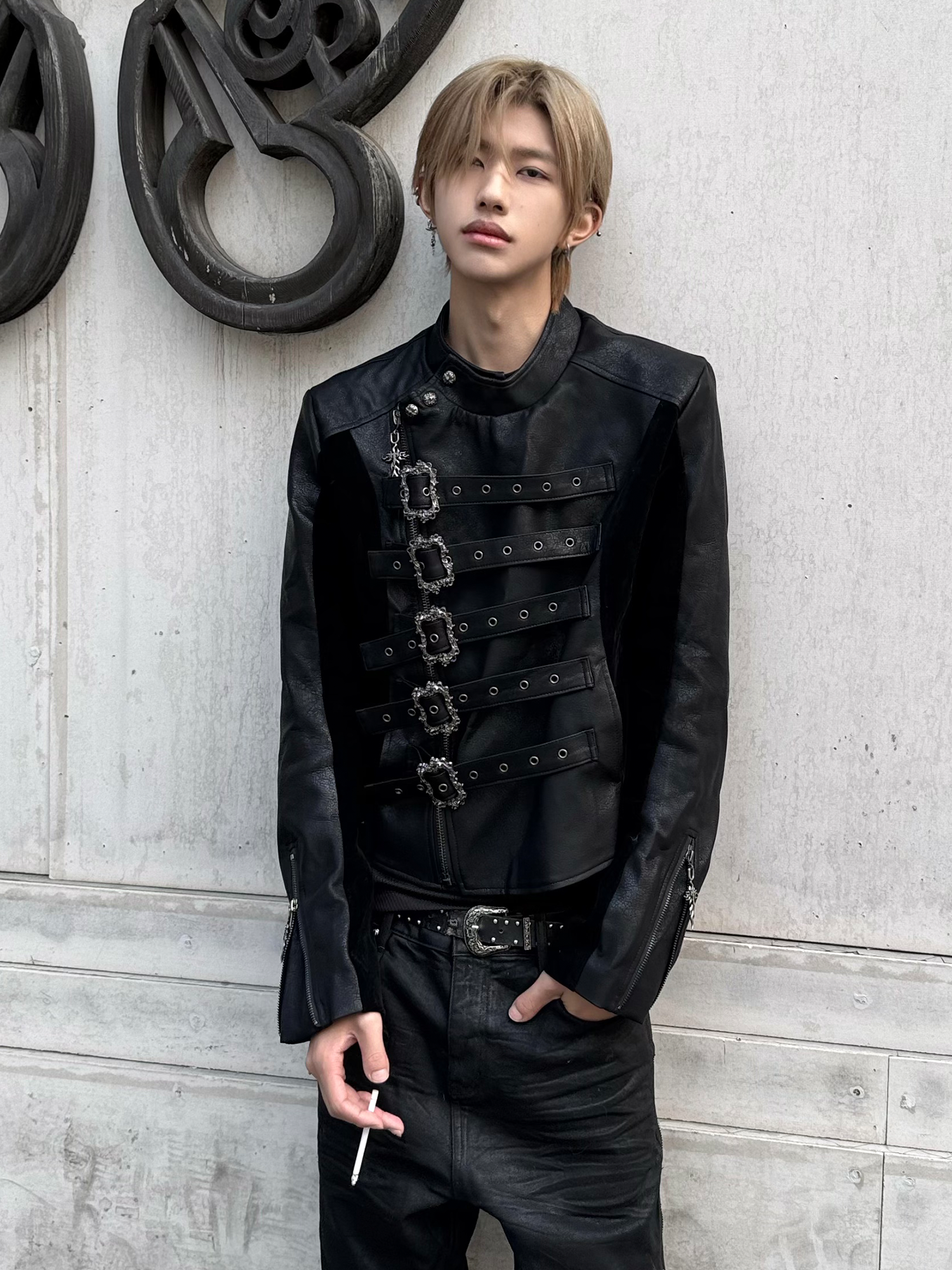 TH4SWE Retro Ornate Buckled Faux Leather Jacket