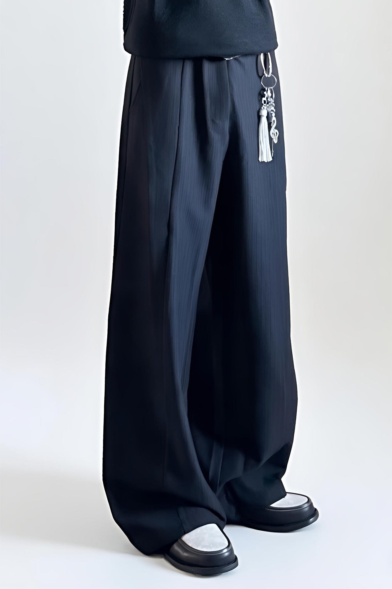 OKAYTHXBYE Pinstripe Twin Front Pleats Wide-Leg Pants, premium urban and streetwear designers apparel on PROJECTISR.com, OKAYTHXBYE