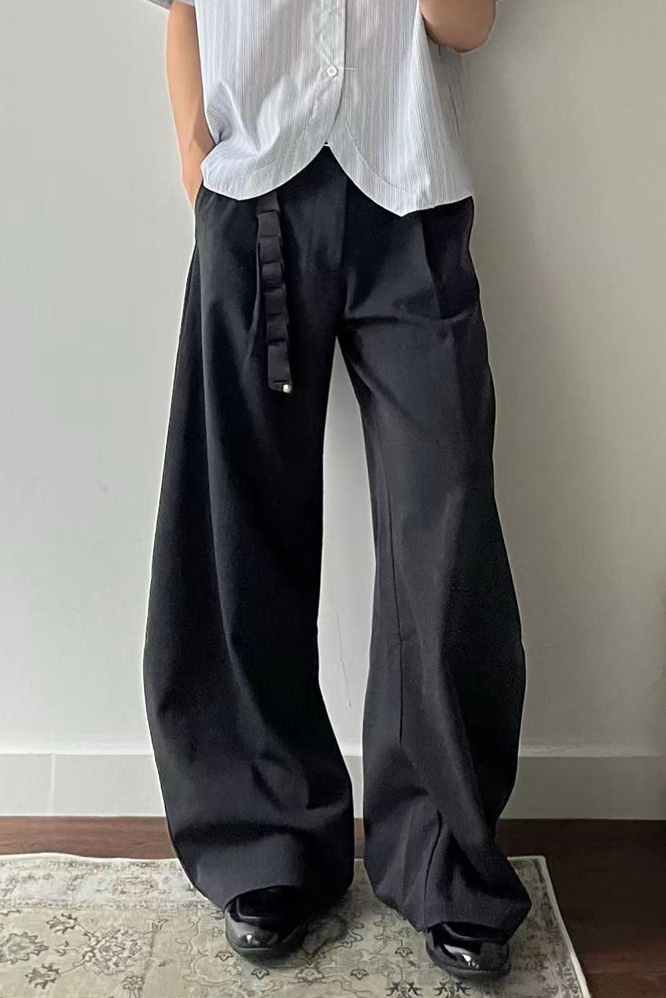OKAYTHXBYE Pleated Curved Wide-Leg Trousers