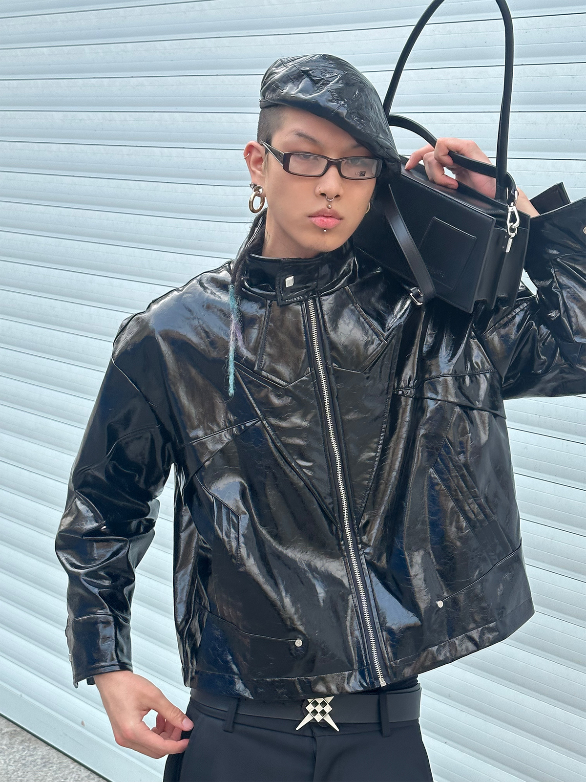 REMODUTION Glossy Faux Leather Harrington Jacket