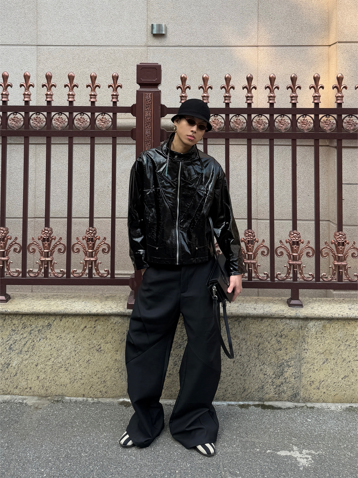 REMODUTION Glossy Faux Leather Harrington Jacket