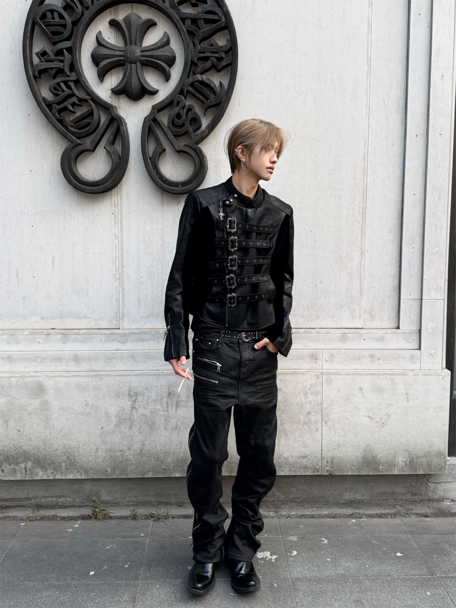 TH4SWE Retro Ornate Buckled Faux Leather Jacket