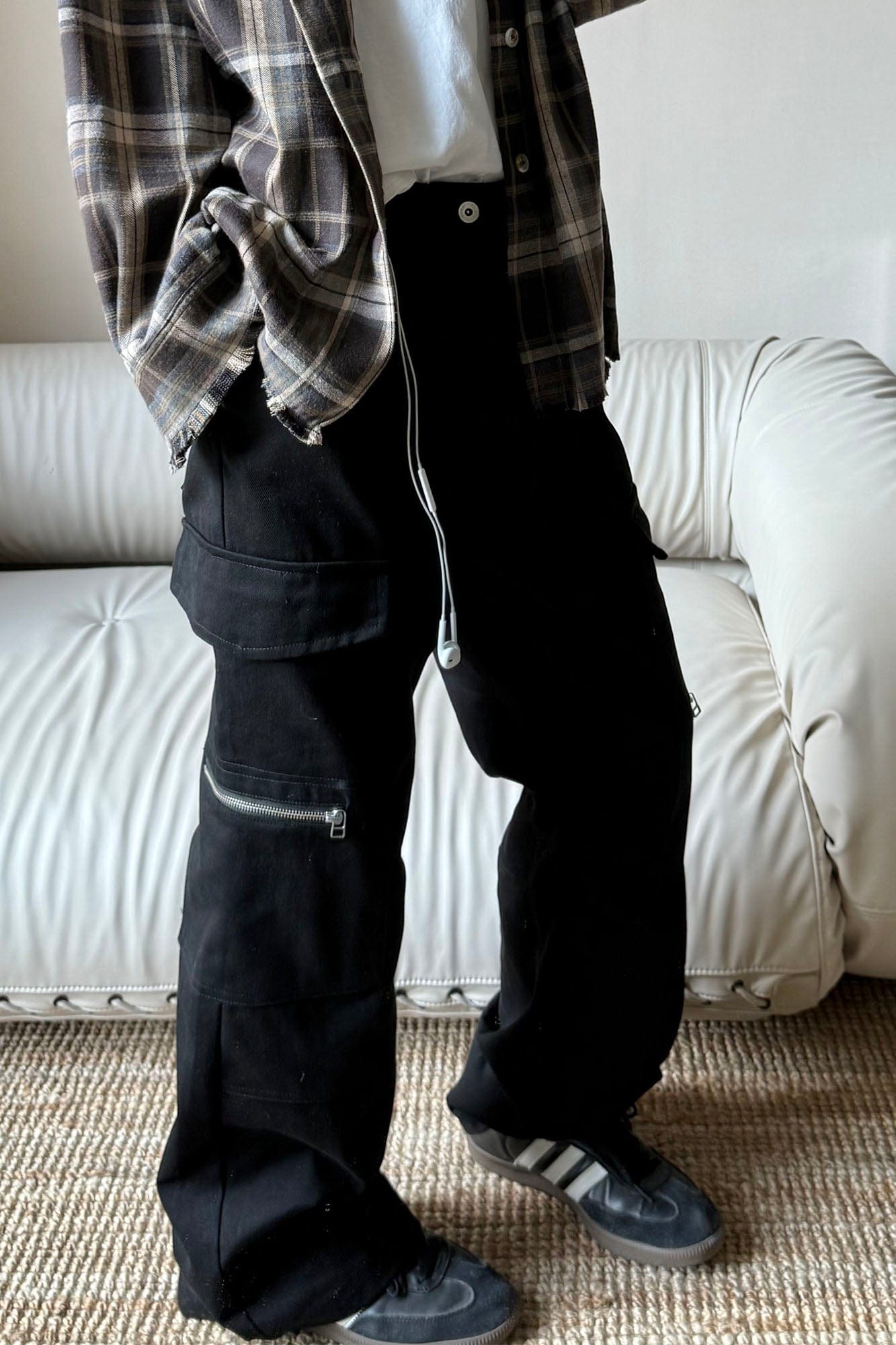 OKAYTHXBYE Muted Marble Multi-Pocket Panel Flared Cargo Pants, premium urban and streetwear designers apparel on PROJECTISR.com, OKAYTHXBYE