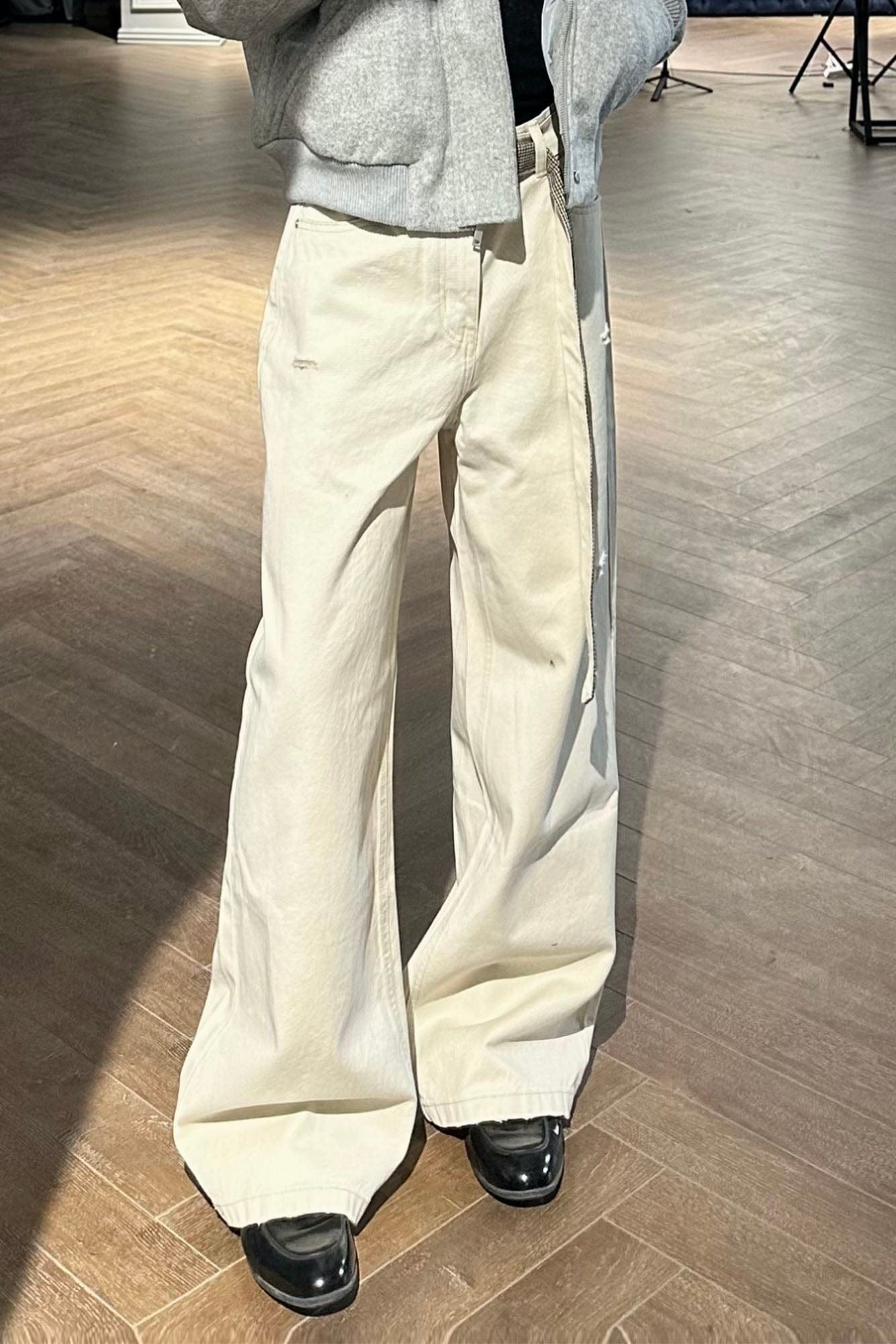 OKAYTHXBYE Detachable Houndstooth Belt Distressed Wide-Leg Jeans