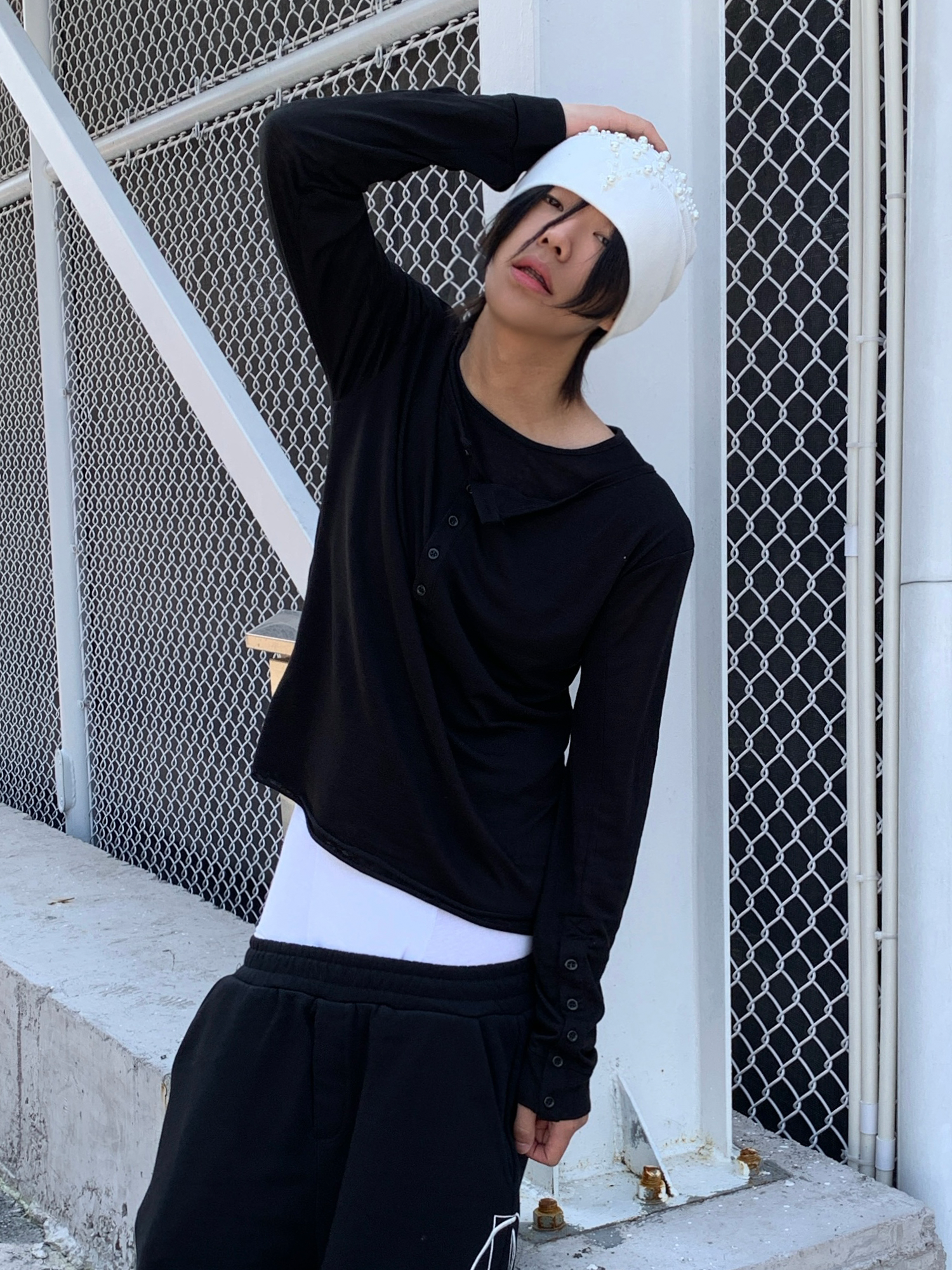 TH4SWE Layered Diamond Spine Graphic Henley Long-Sleeve Tee