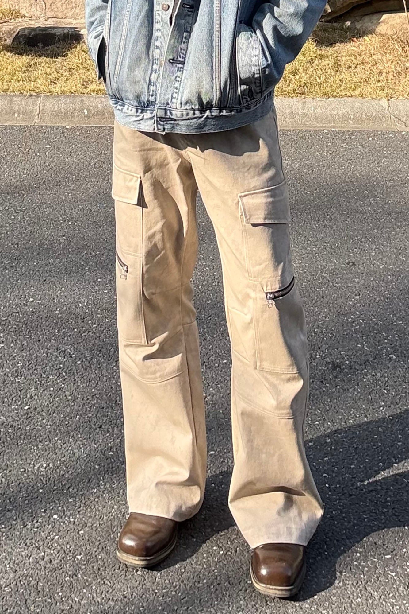OKAYTHXBYE Muted Marble Multi-Pocket Panel Flared Cargo Pants, premium urban and streetwear designers apparel on PROJECTISR.com, OKAYTHXBYE
