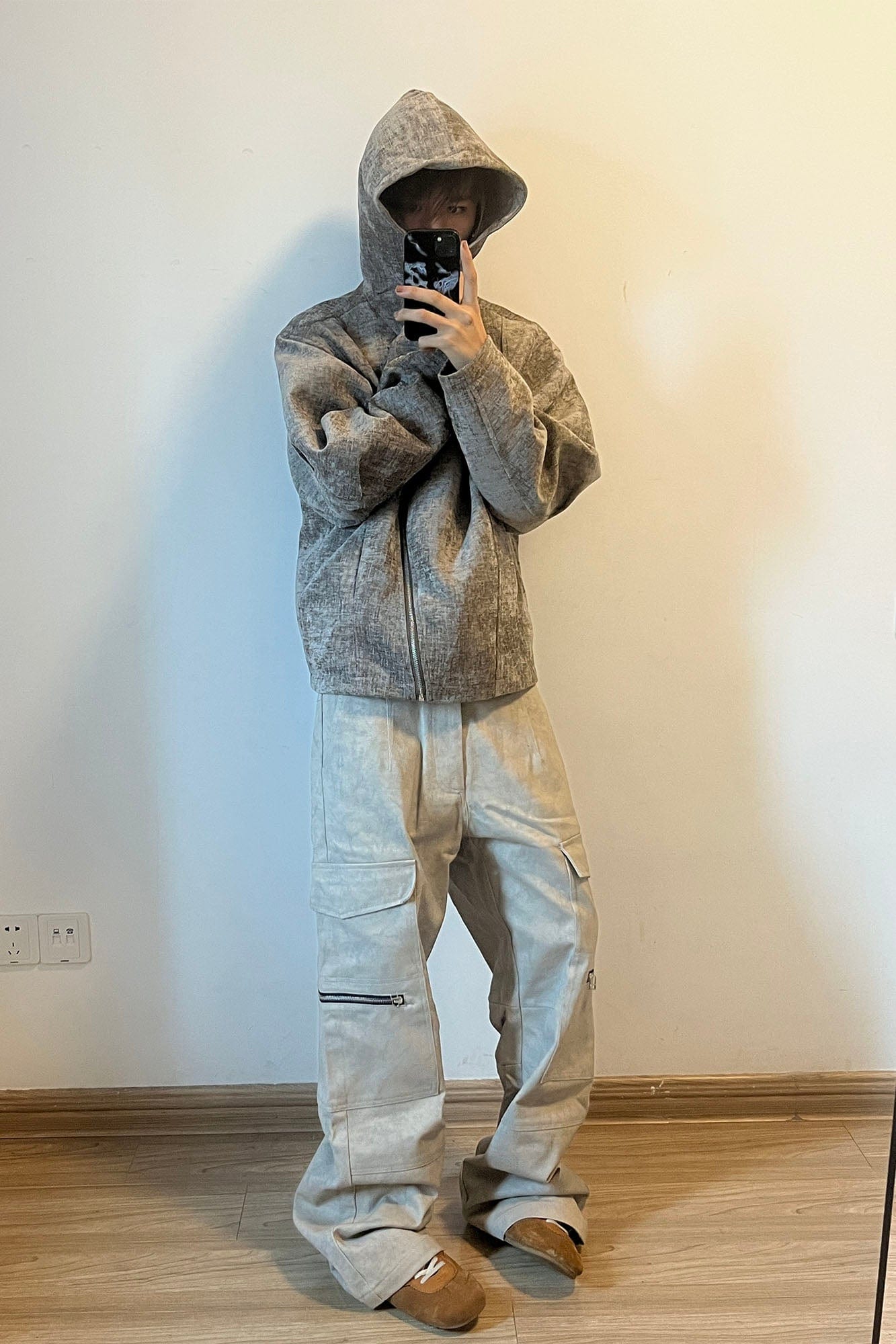 OKAYTHXBYE Muted Marble Multi-Pocket Panel Flared Cargo Pants, premium urban and streetwear designers apparel on PROJECTISR.com, OKAYTHXBYE