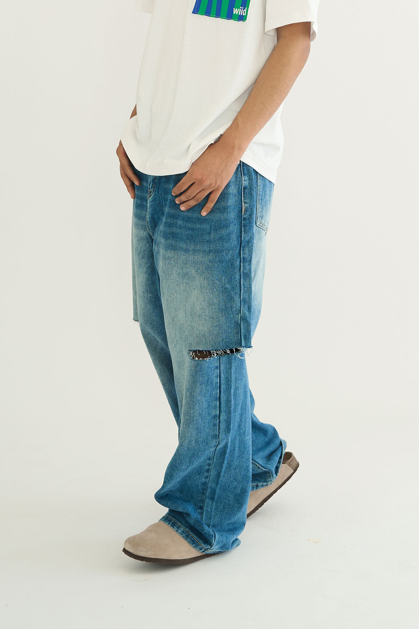 WIID Distressed Knee-Slit Straight-Leg Jeans, premium urban and streetwear designers apparel on PROJECTISR.com, WIID
