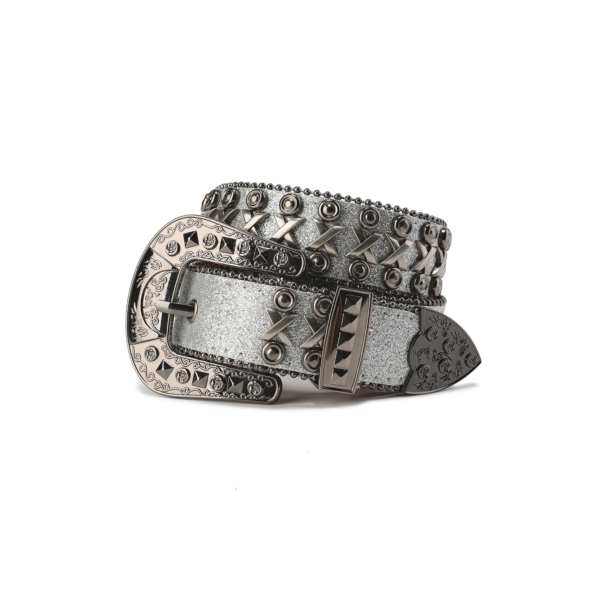 CYCYCY Cross Studded Filigree Leather Belt Gray