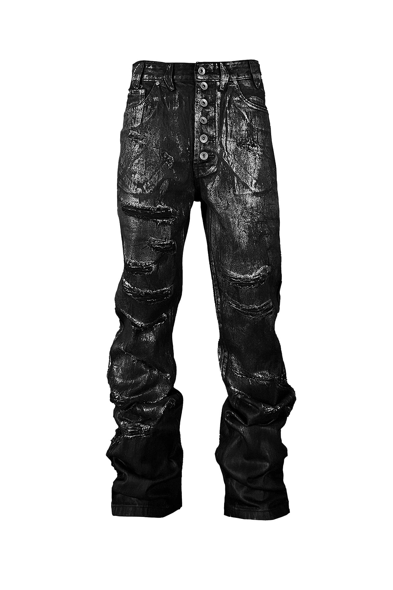 TECNINEGROUP Distressed Waxed Metallic Glazed Flared Jeans, premium urban and streetwear designers apparel on PROJECTISR.com, TECNINEGROUP