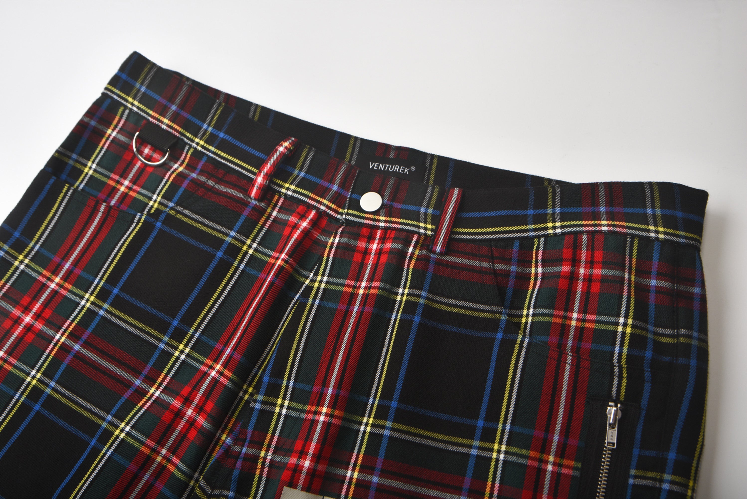 VENTUREK Distressed Zippered-Hem Slogan Slim Plaid Pants, premium urban and streetwear designers apparel on PROJECTISR.com, VENTUREK