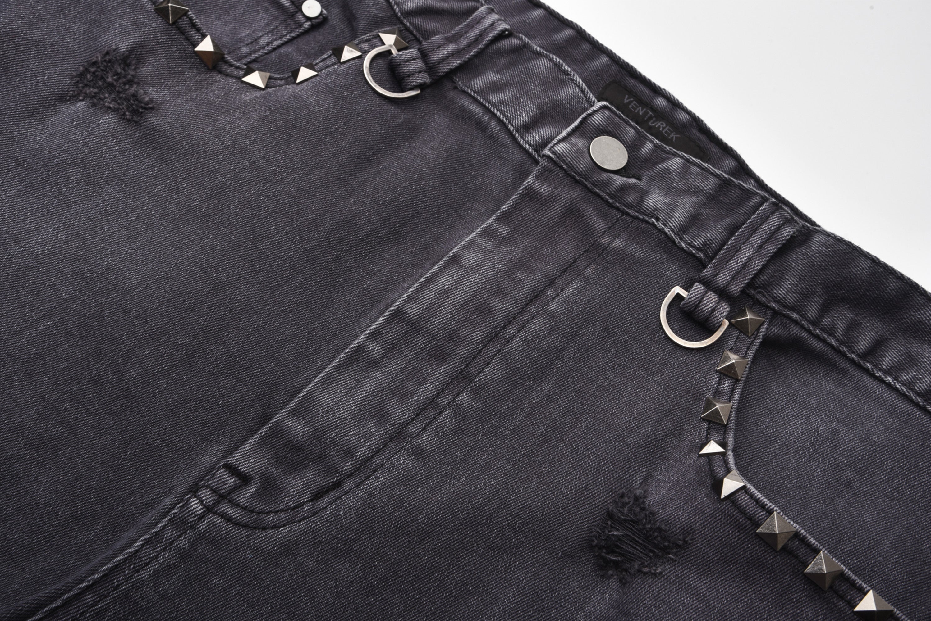 VENTUREK Washed Patch Studded Raw-Edge Shorts, premium urban and streetwear designers apparel on PROJECTISR.com, VENTUREK