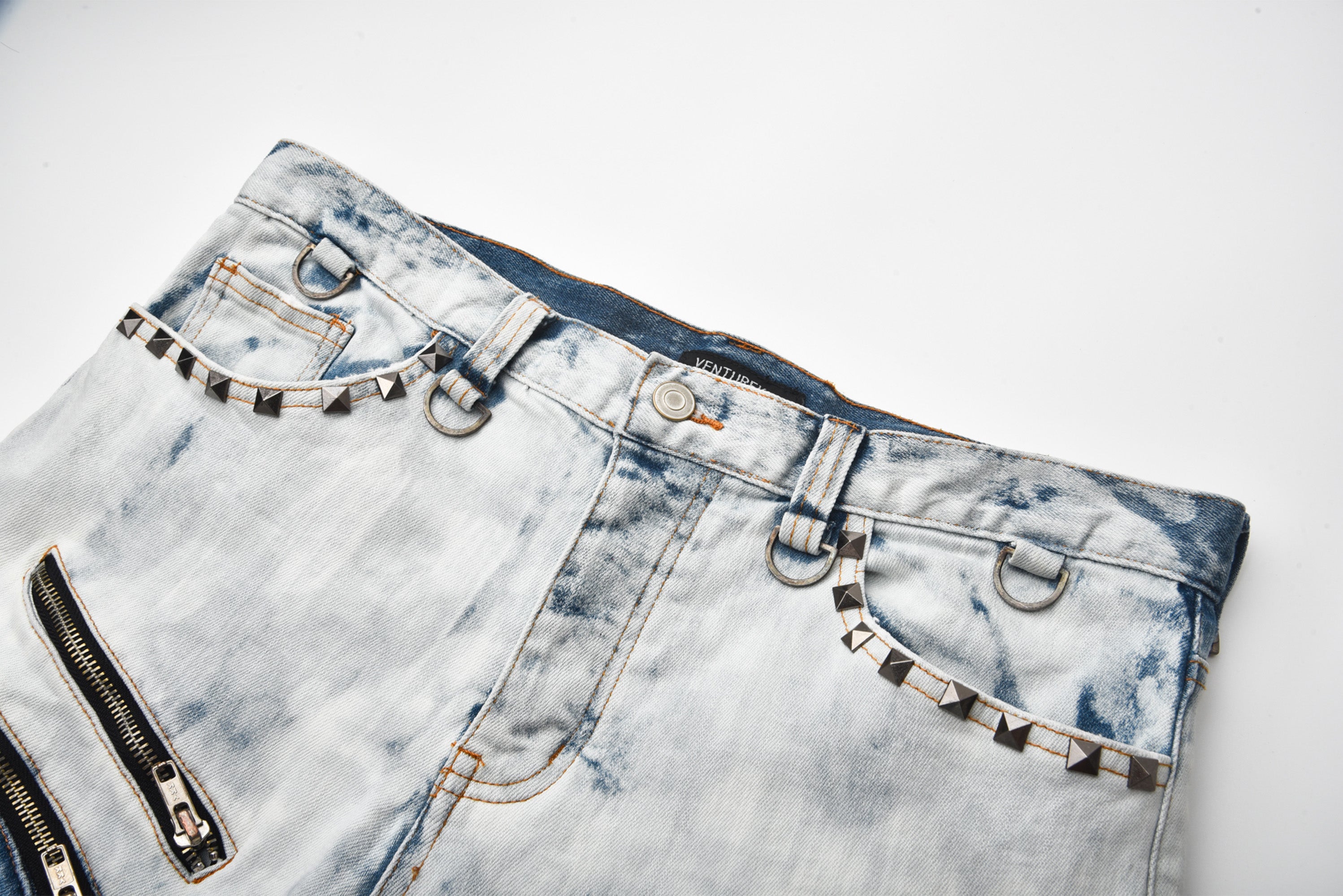 VENTUREK Distressed Washed Zippered Studded Slim Jeans, premium urban and streetwear designers apparel on PROJECTISR.com, VENTUREK