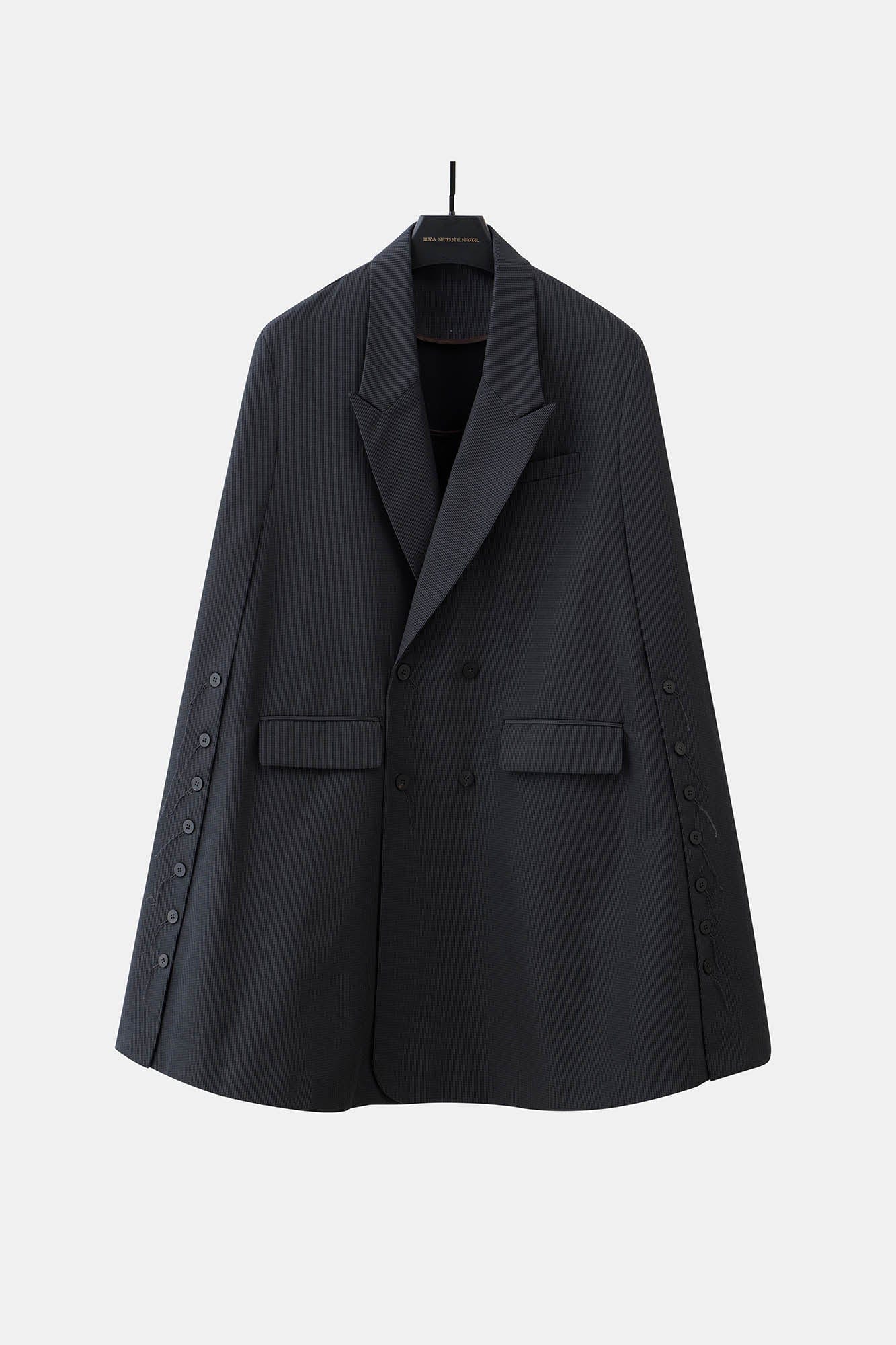 ILNya Nieternite Nifutur Mini Houndstooth Peak Lapel Slit Cape Coat, premium urban and streetwear designers apparel on PROJECTISR.com, ILNya Nieternite Nifutur