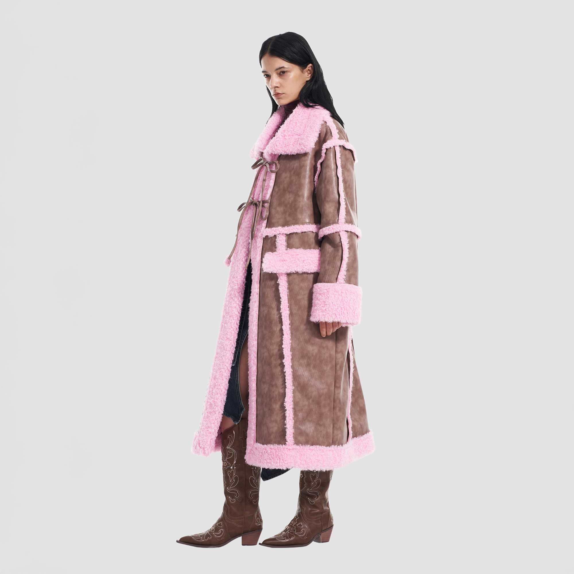 VANN VALRENCE Shearling-Trim Panel PU Long Coat