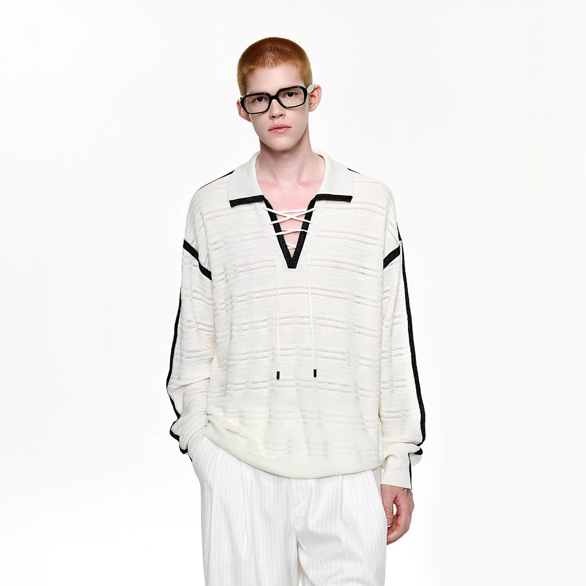 TIWILLTANG Contrast Striped Lace-Up Collar Pullover Sweater