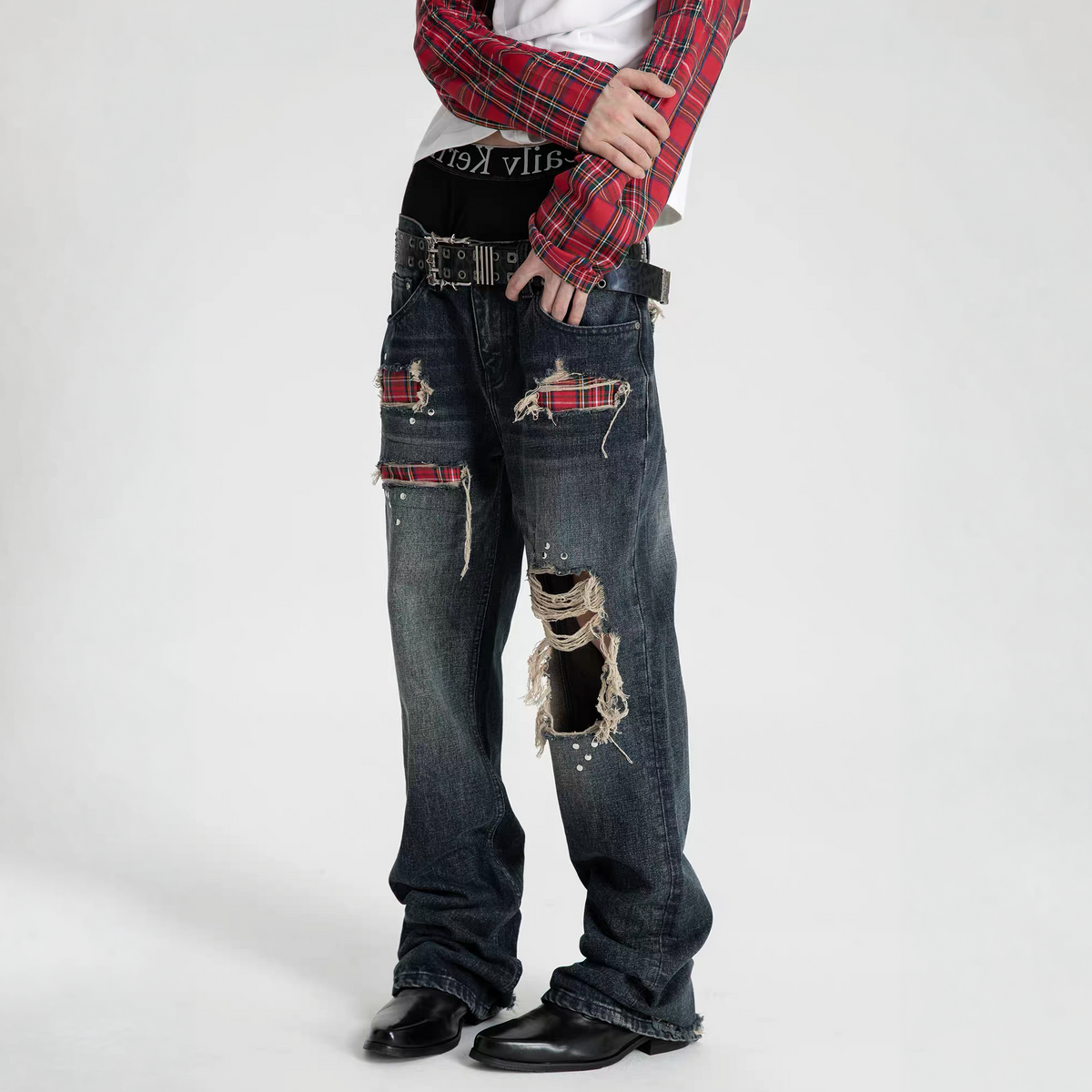 SEXXDEVIL Plaid Patch Distressed Rivet Washed Flared Jeans
