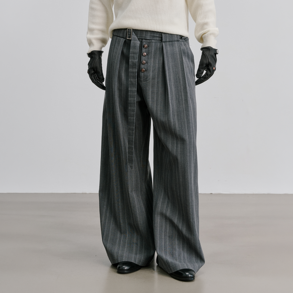 CATSSTAC Striped Belted Button Fly Wide-Leg Trousers