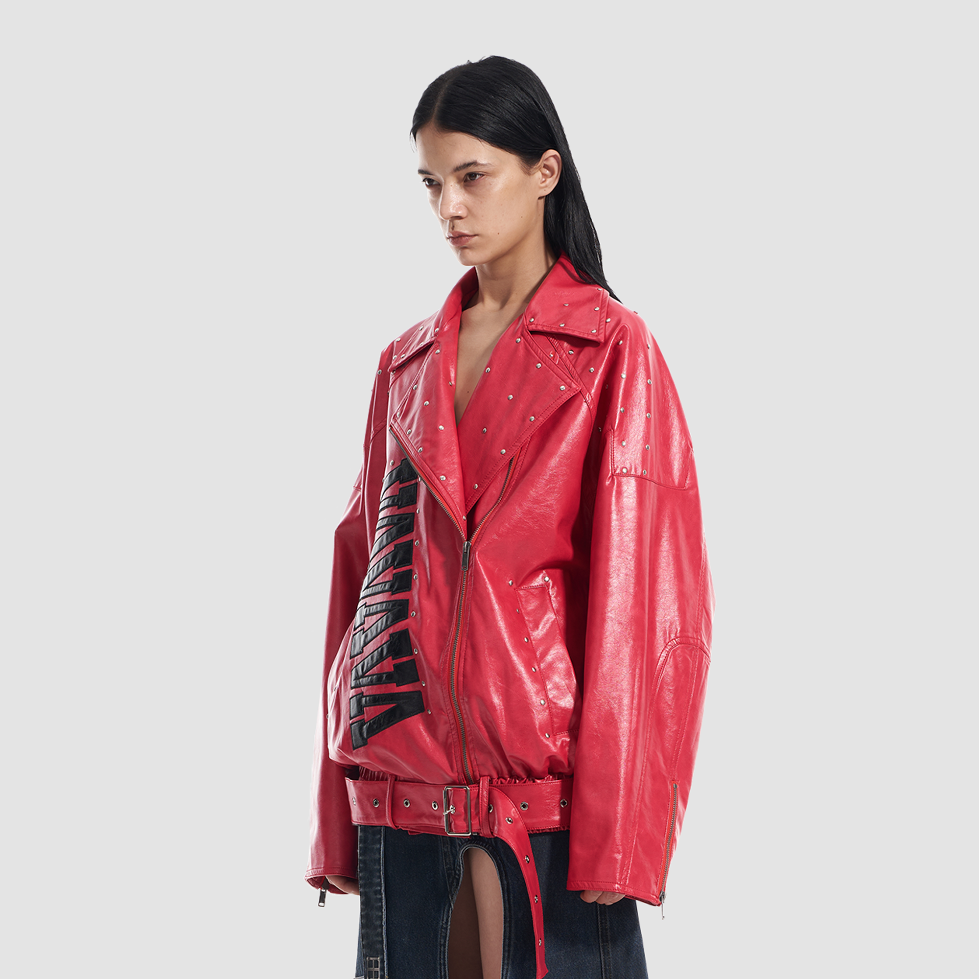 VANN VALRENCE Studded LOGO Faux Leather Biker Jacket