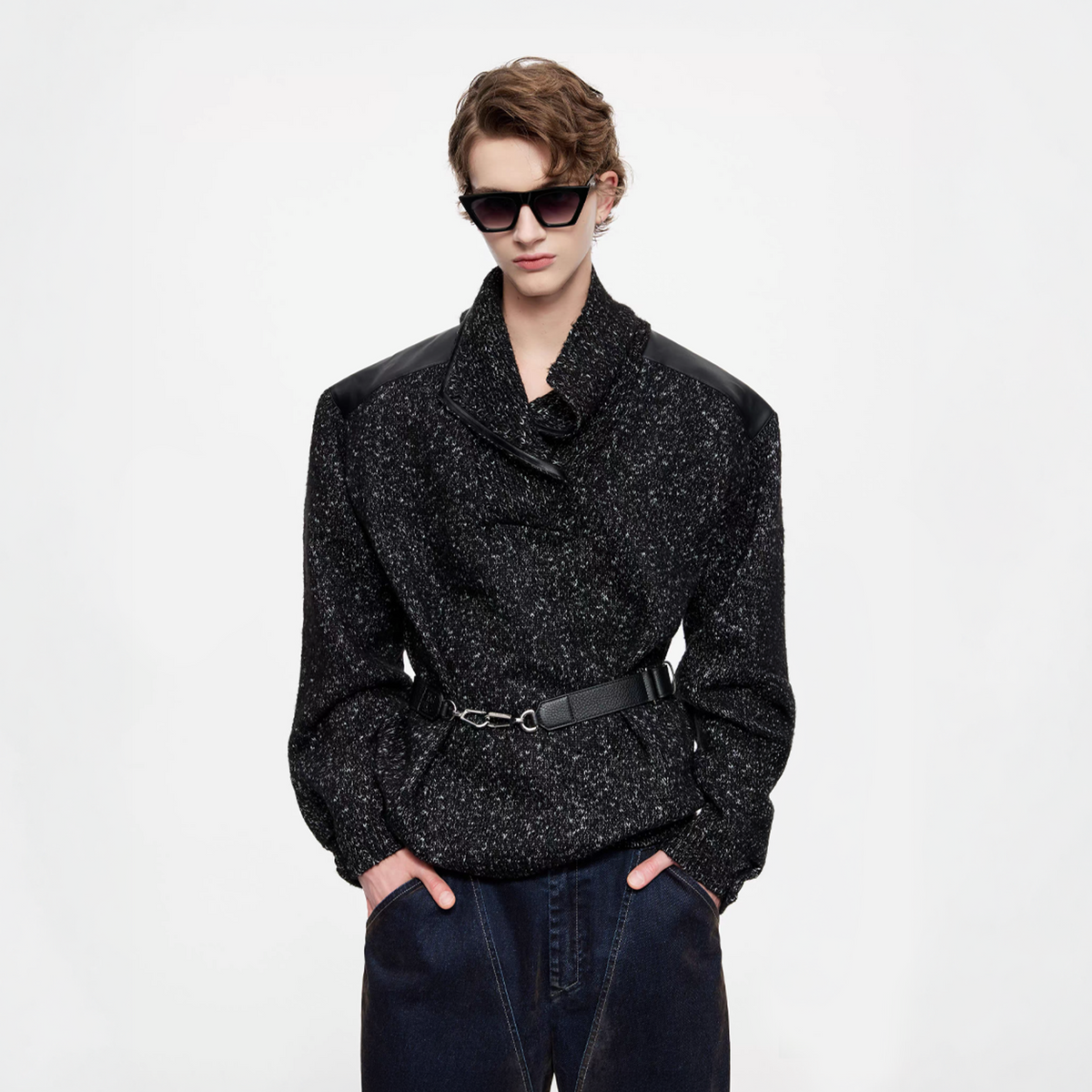 TIWILLTANG Spliced Faux Leather Dot-Yarn Fold Collar Sweater