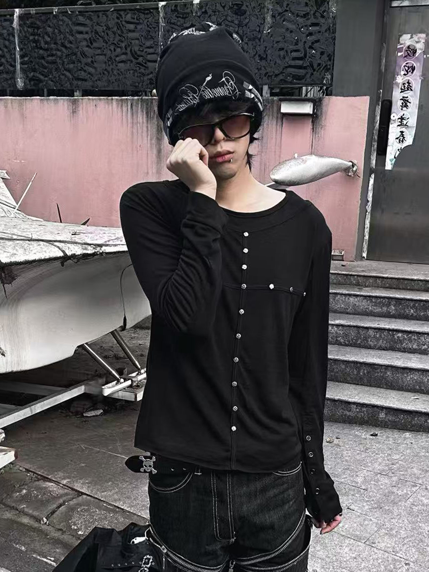 TH4SWE Layered-Collar Studded Henley Long-Sleeve Tee