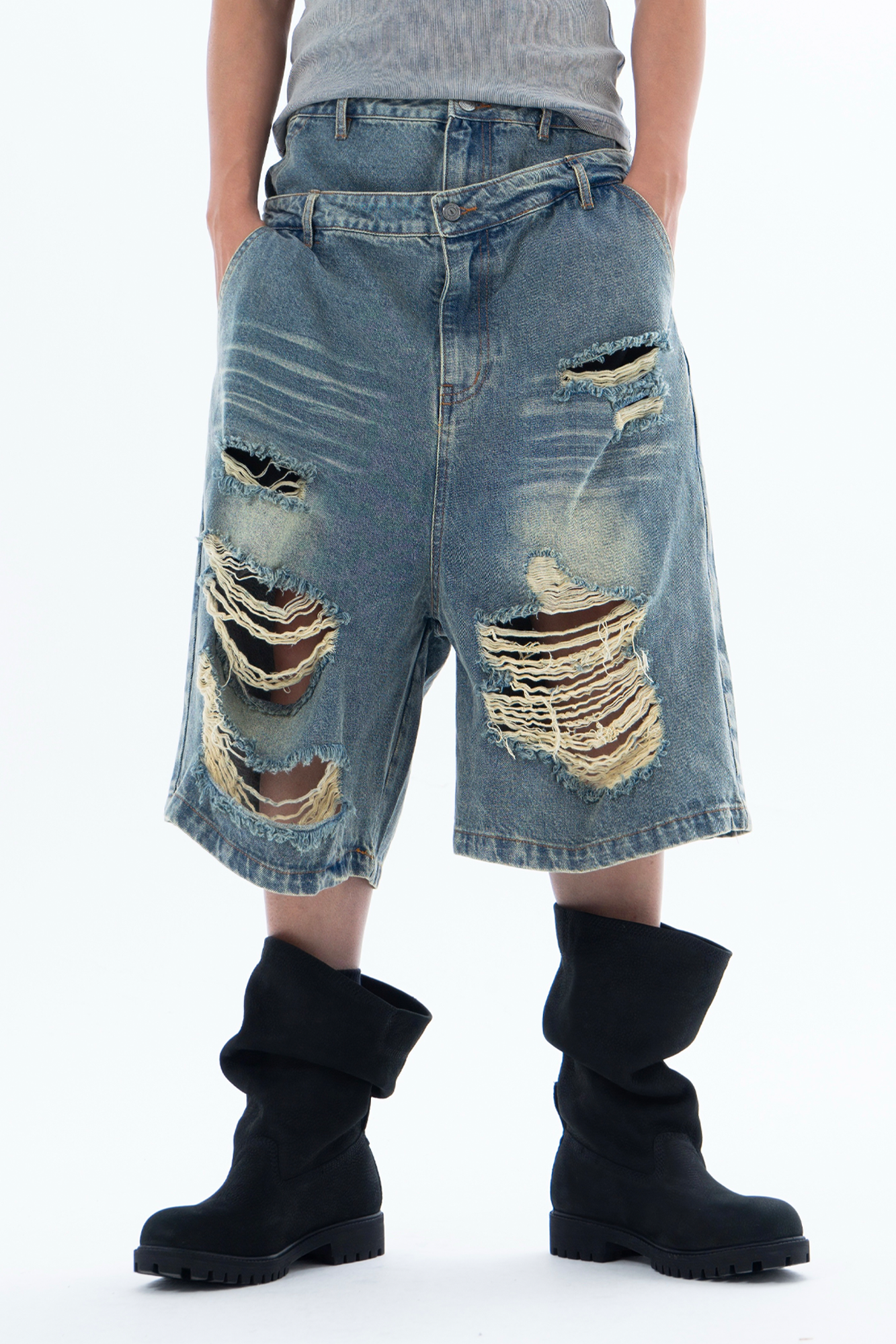 CLP Distressed Double-Waist Denim Shorts