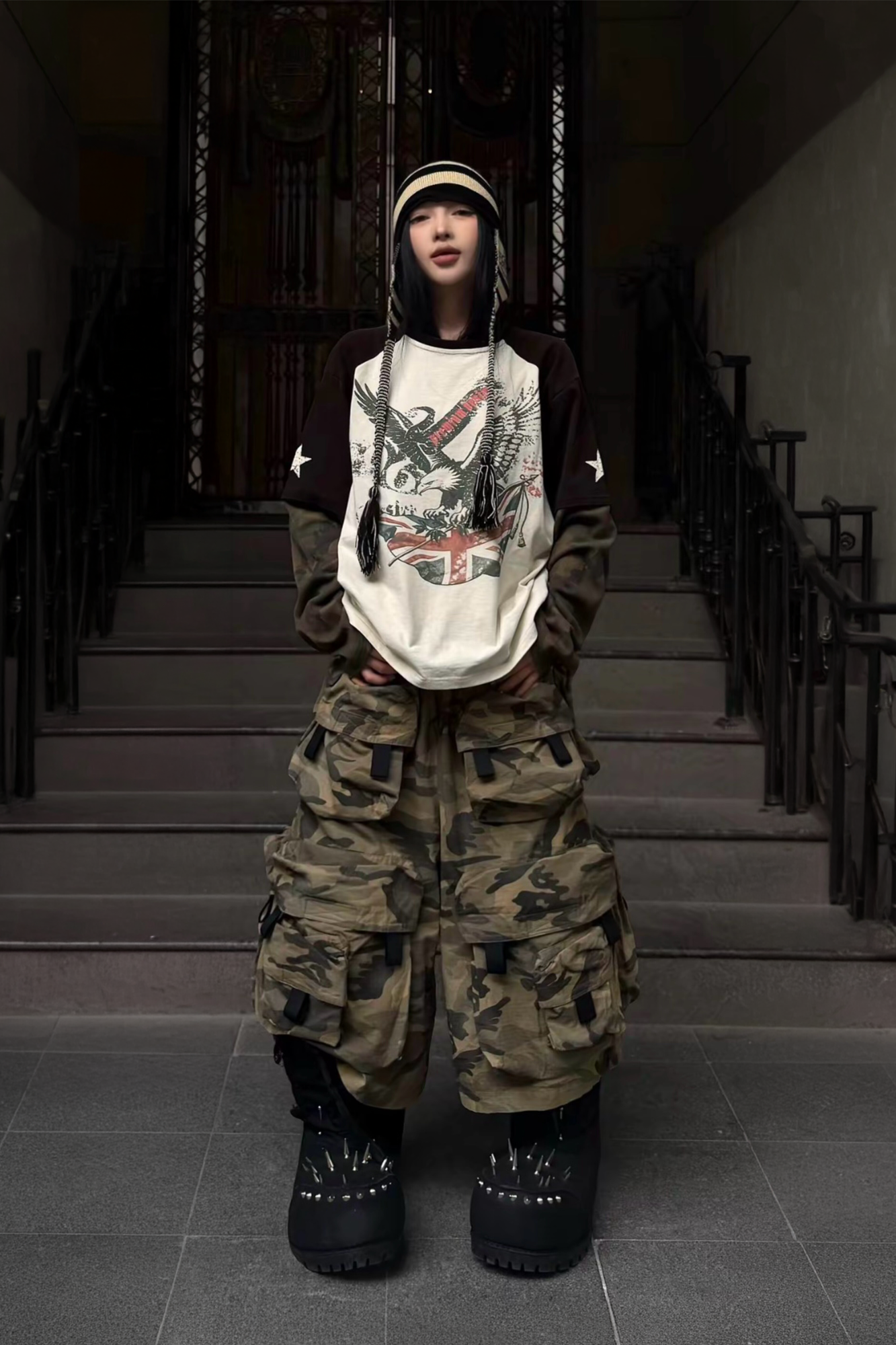 REGEN ZONE Camo Spliced Washed Eagle Graphic Long-Sleeve Tee
