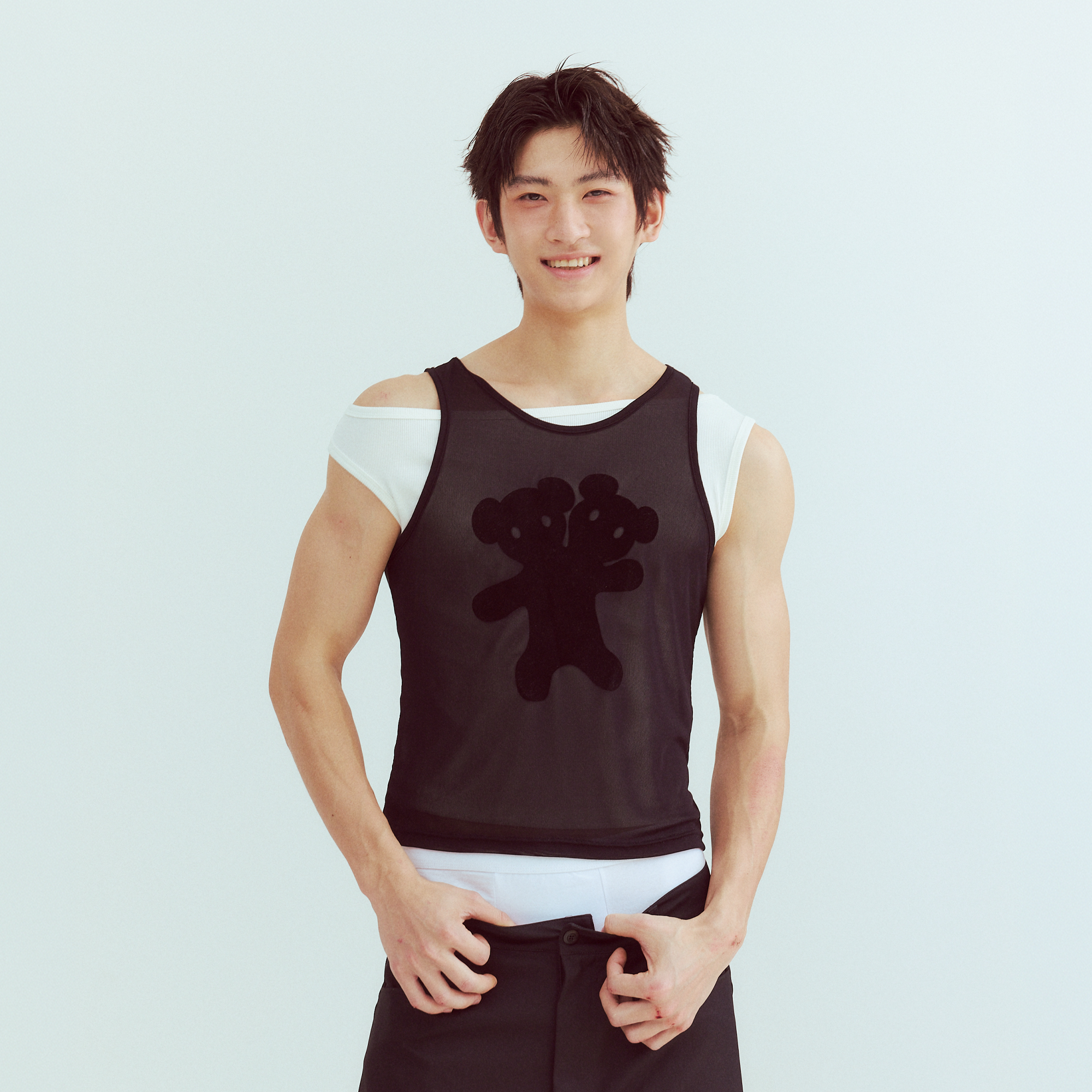 KADAKADA Flocked Bear Mesh One-Shoulder Ribbed Tank Set, premium urban and streetwear designers apparel on PROJECTISR.com, KADAKADA