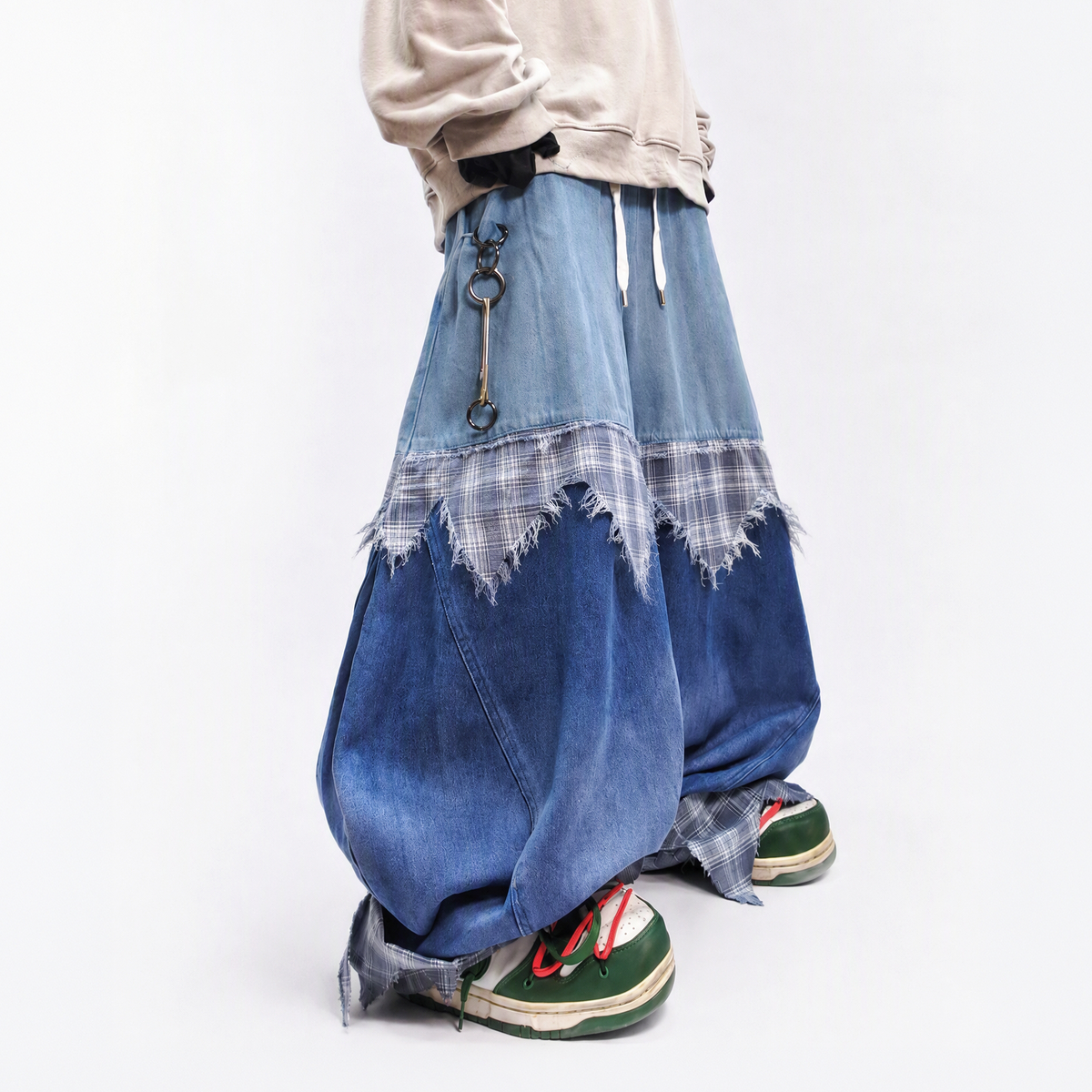 UUCSCC Spliced Distressed Plaid Wide-Leg Jeans