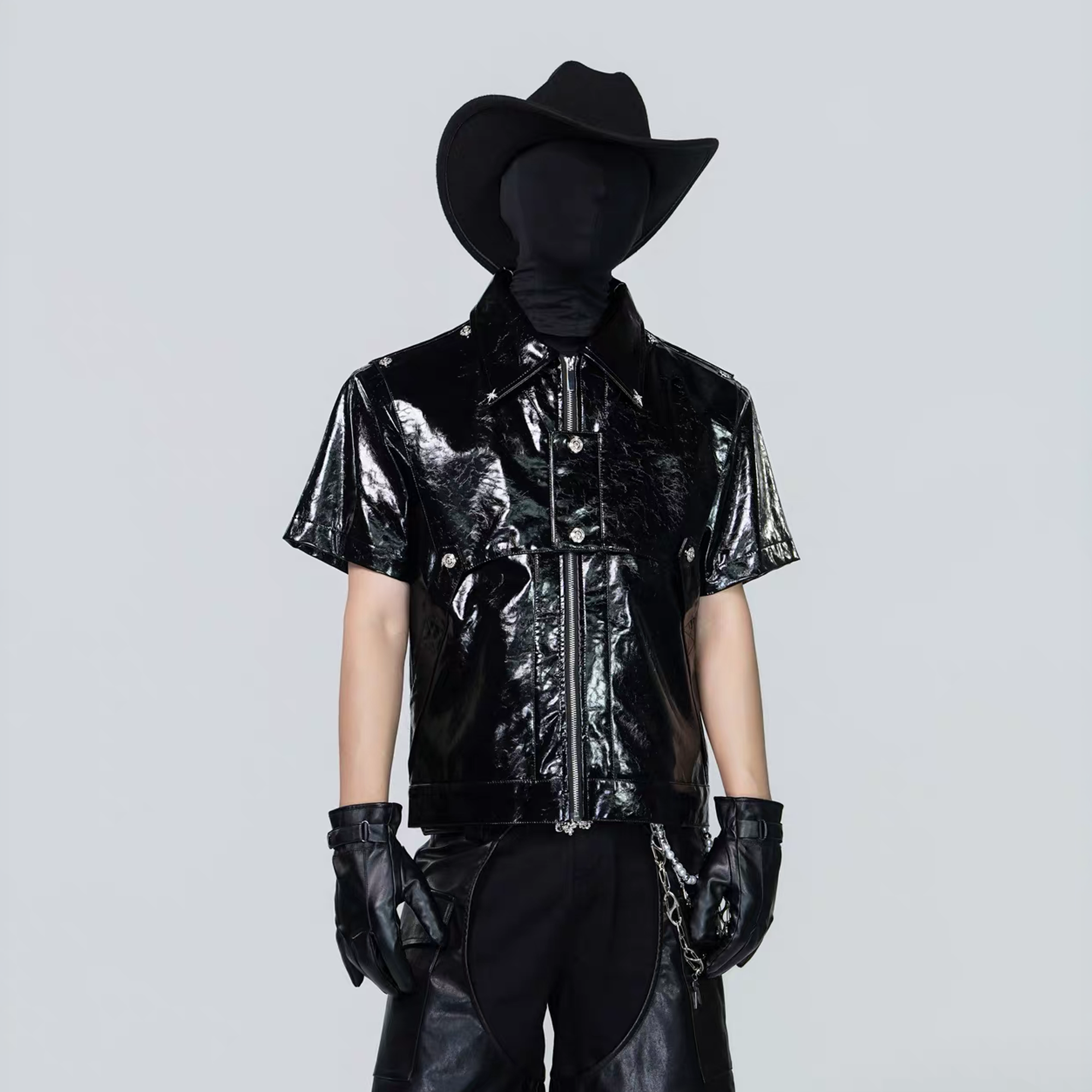 VE2 Glossy Faux Leather Cropped Short-Sleeve Jacket