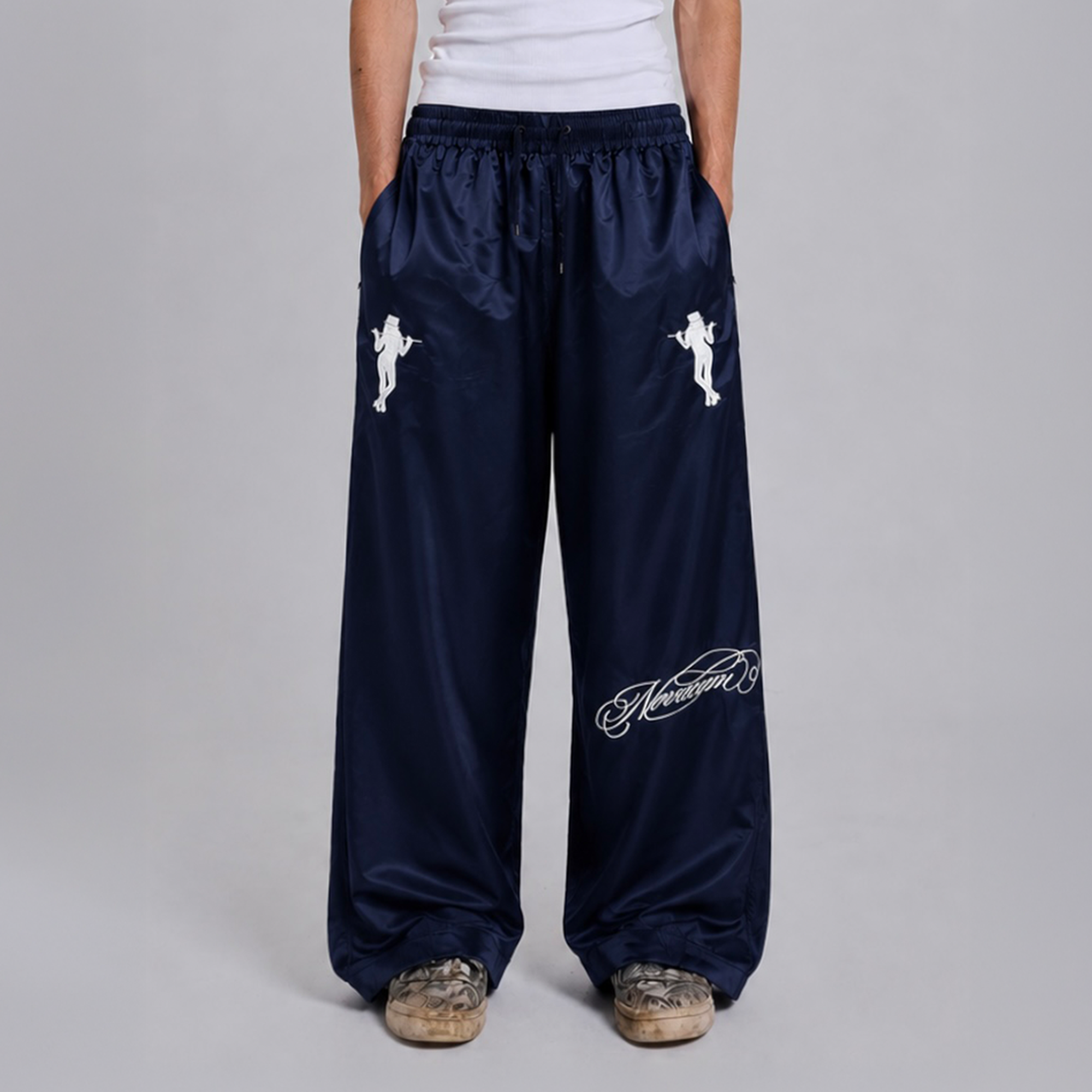 NOVACAM Satin Draped Embroidered Graphic Pants