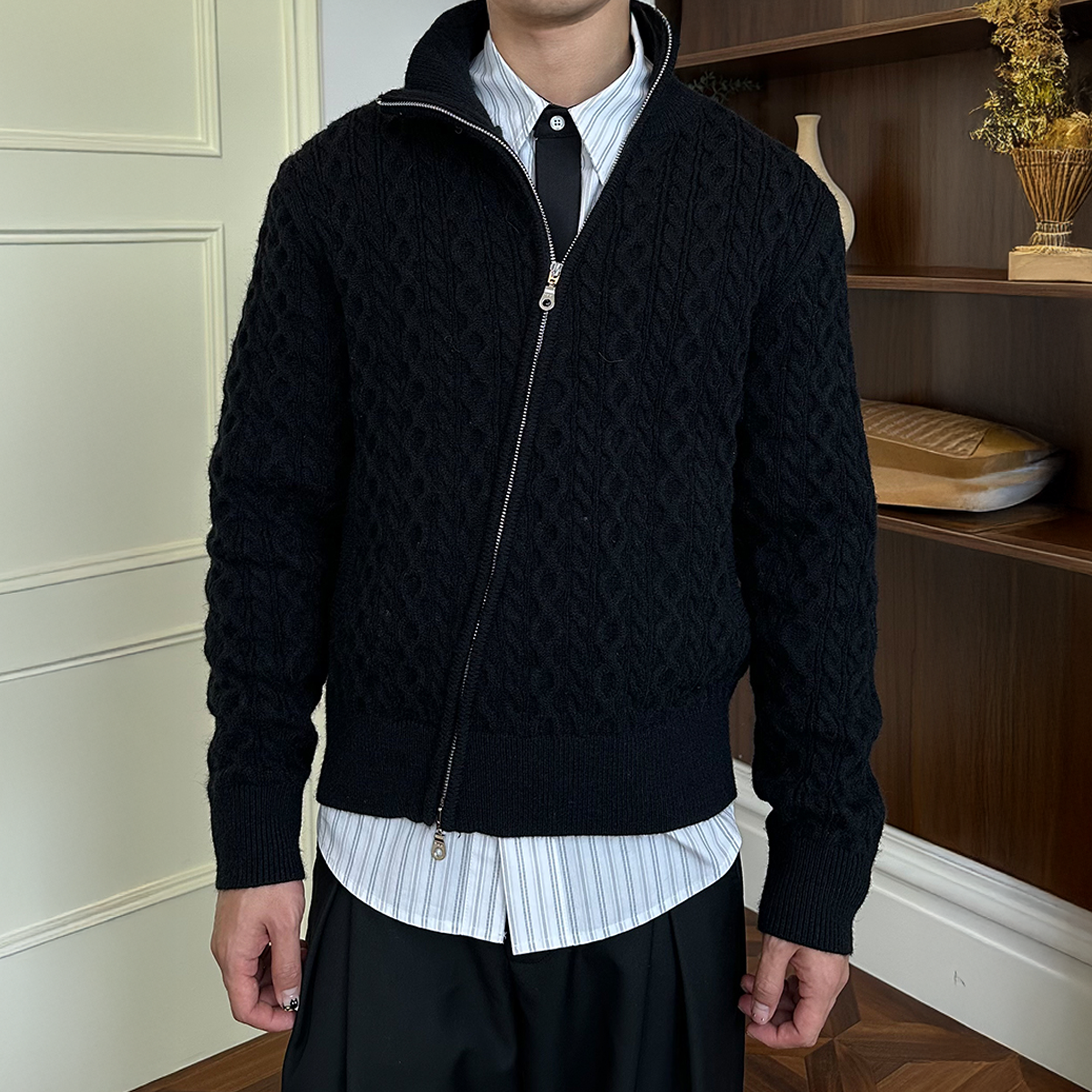 KREATE Asymmetrical Zip Cable-Knit Sweater