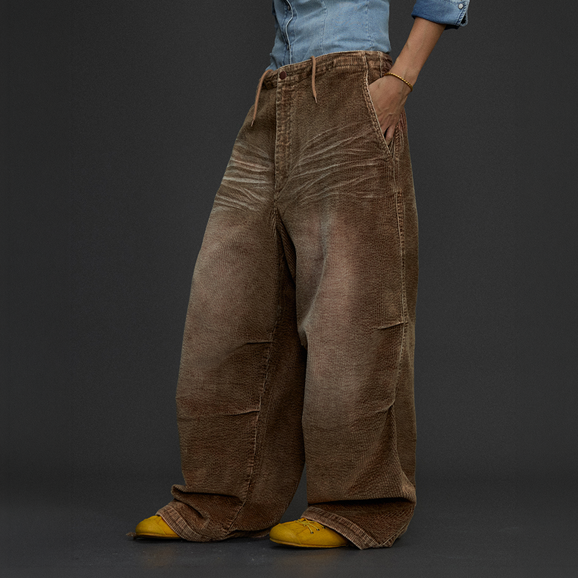 NIANJIUYIKOUER Washed Distressed Corduroy Wide-Leg Pants, premium urban and streetwear designers apparel on PROJECTISR.com, NIANJIUYIKOUER