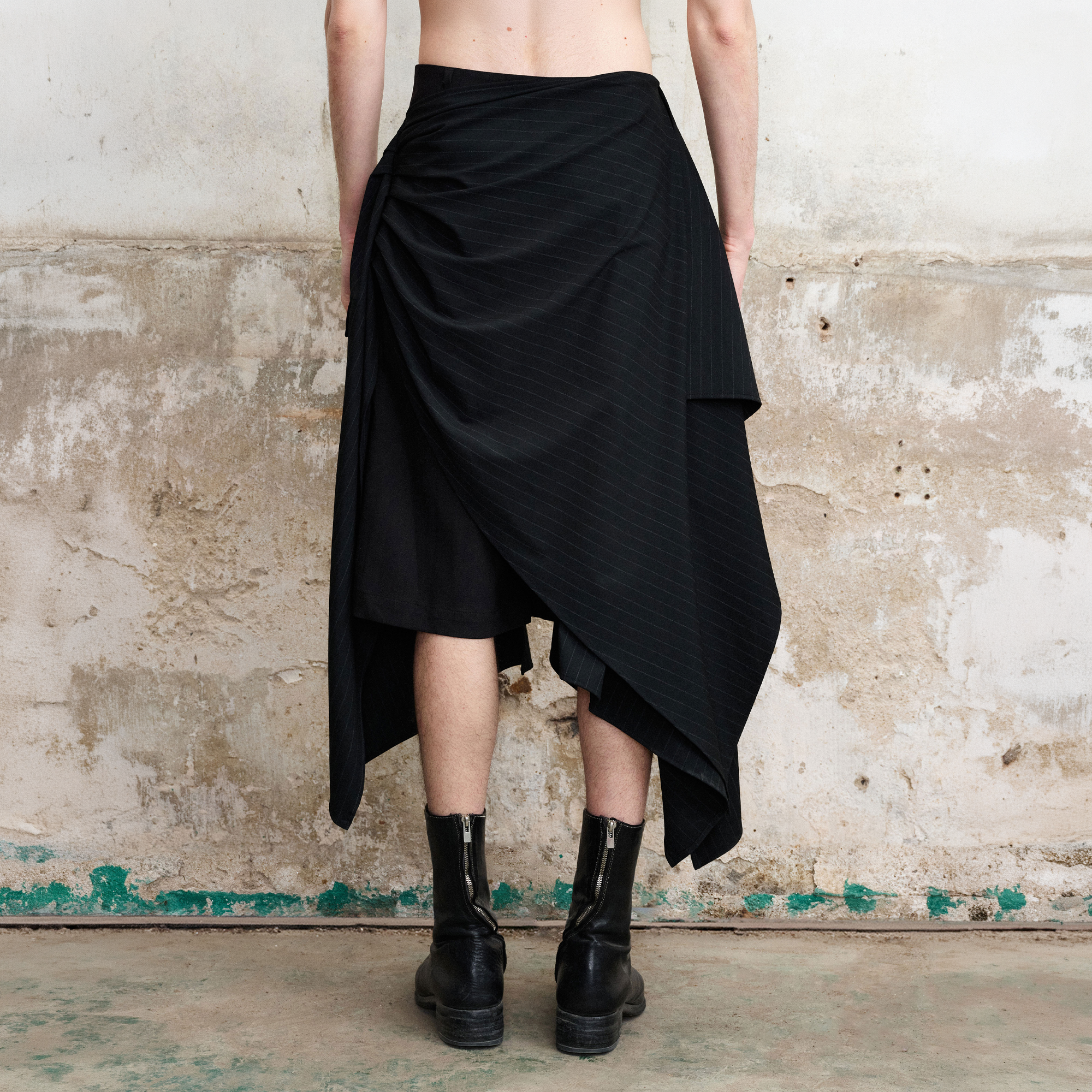 ILNya Nieternite Nifutur Asymmetric Draped Panel Pinstripe Skort Shorts, premium urban and streetwear designers apparel on PROJECTISR.com, ILNya Nieternite Nifutur