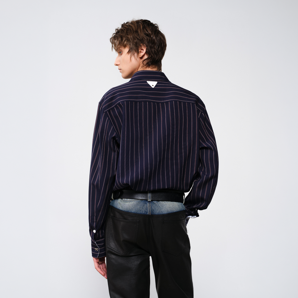 FACEONLAB Striped Spliced Embroidered Wide-Collar Shirt